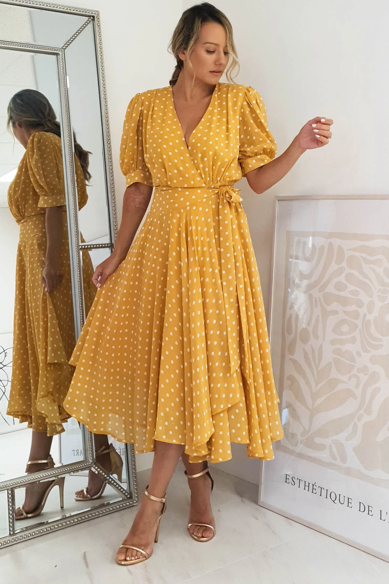 Andrea Polka Dot Midi Dress | Mustard - Image 3