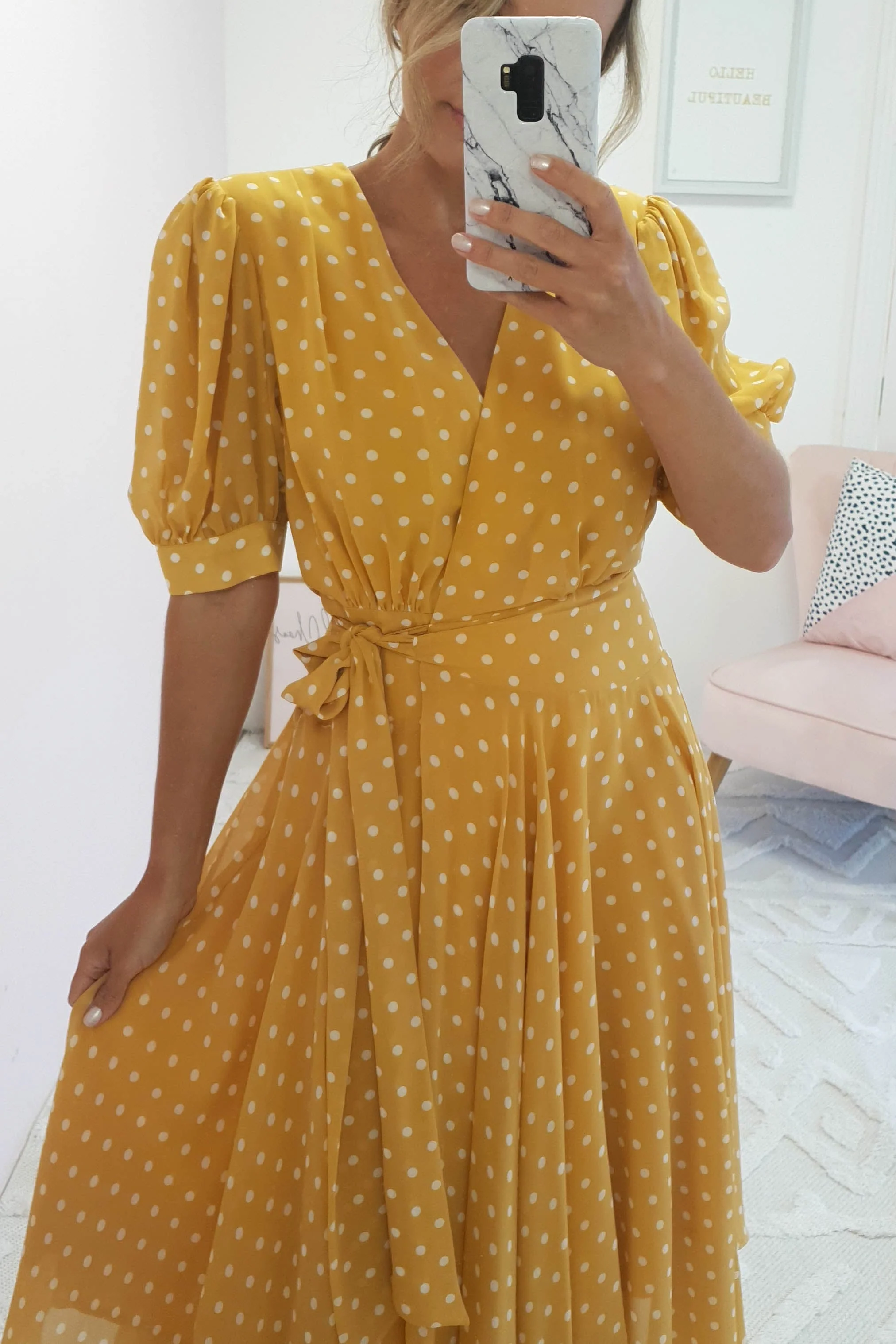 Andrea Polka Dot Midi Dress | Mustard - Image 4