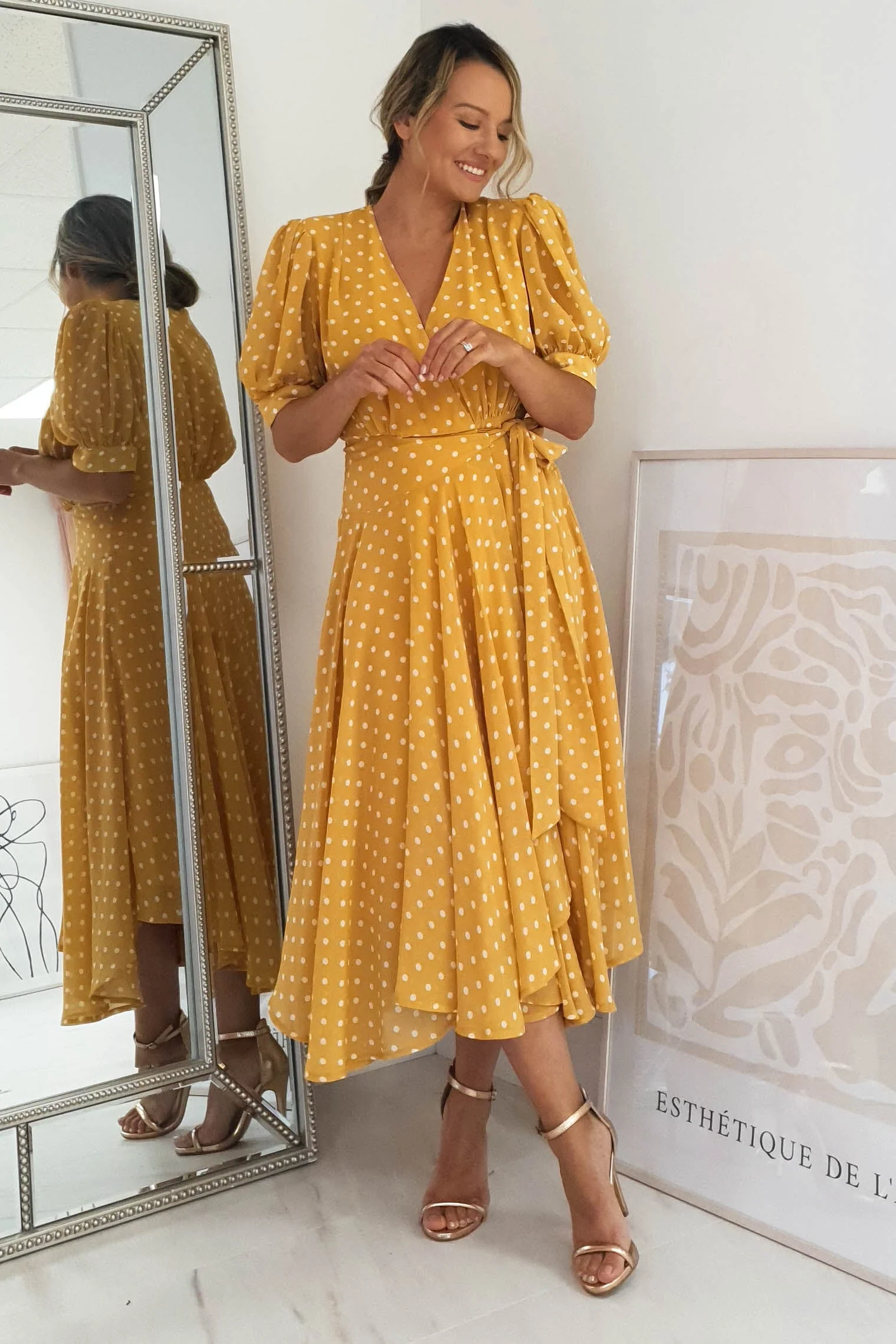Andrea Polka Dot Midi Dress | Mustard - Image 5