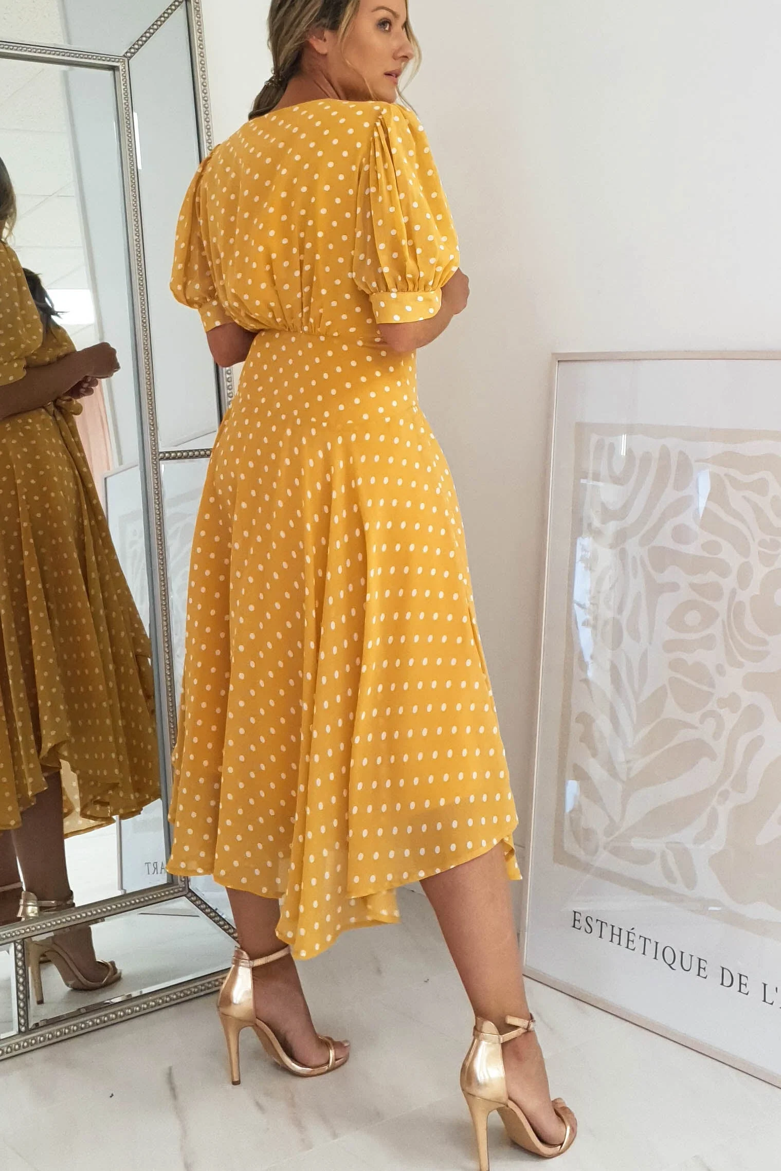 Andrea Polka Dot Midi Dress | Mustard - Image 6