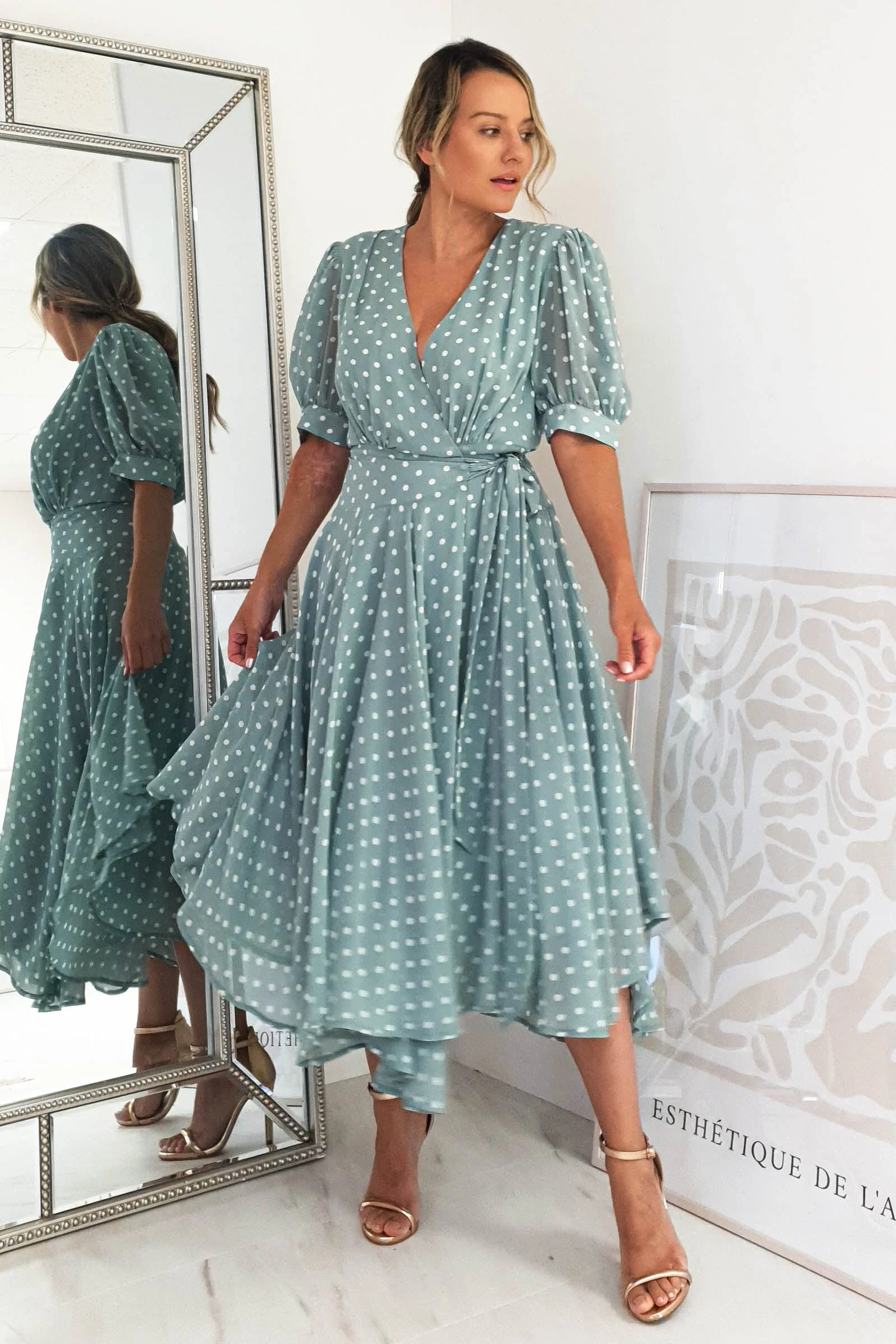 Andrea Polka Dot Midi Dress | Sage - Image 4