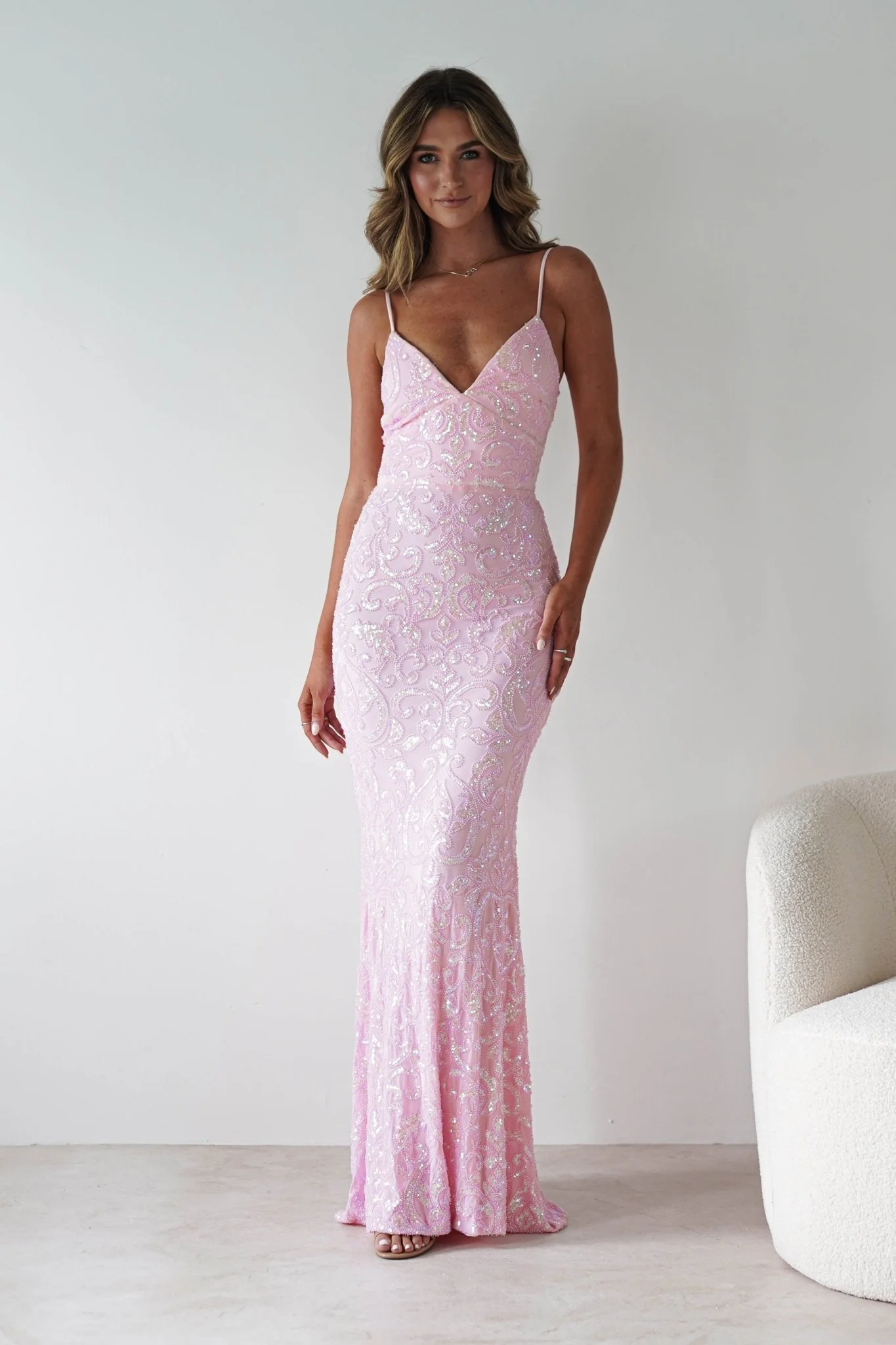 Aster Iridescent Beaded Embellished Gown | Pink - Image 3