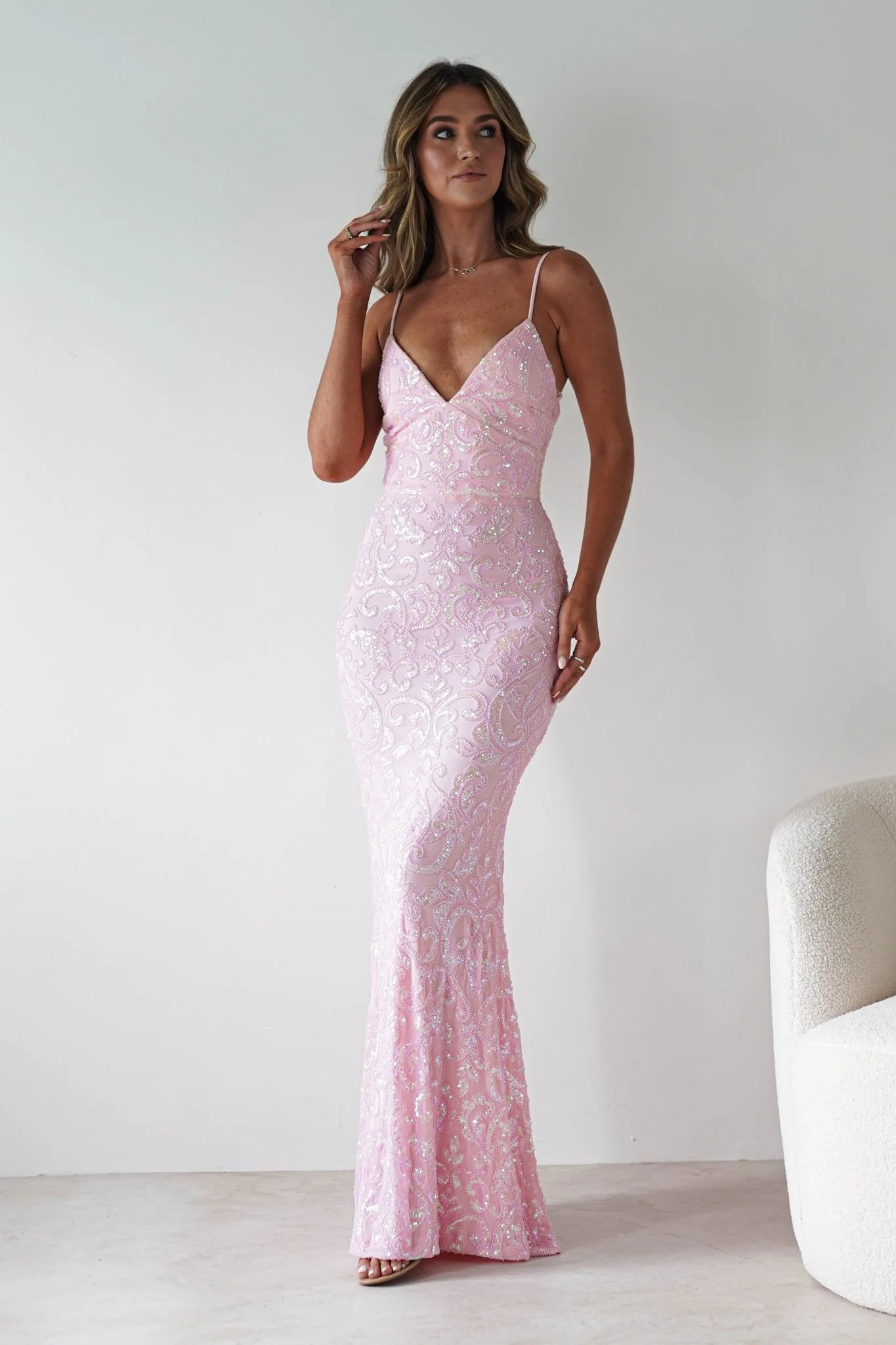 Aster Iridescent Beaded Embellished Gown | Pink - Image 6