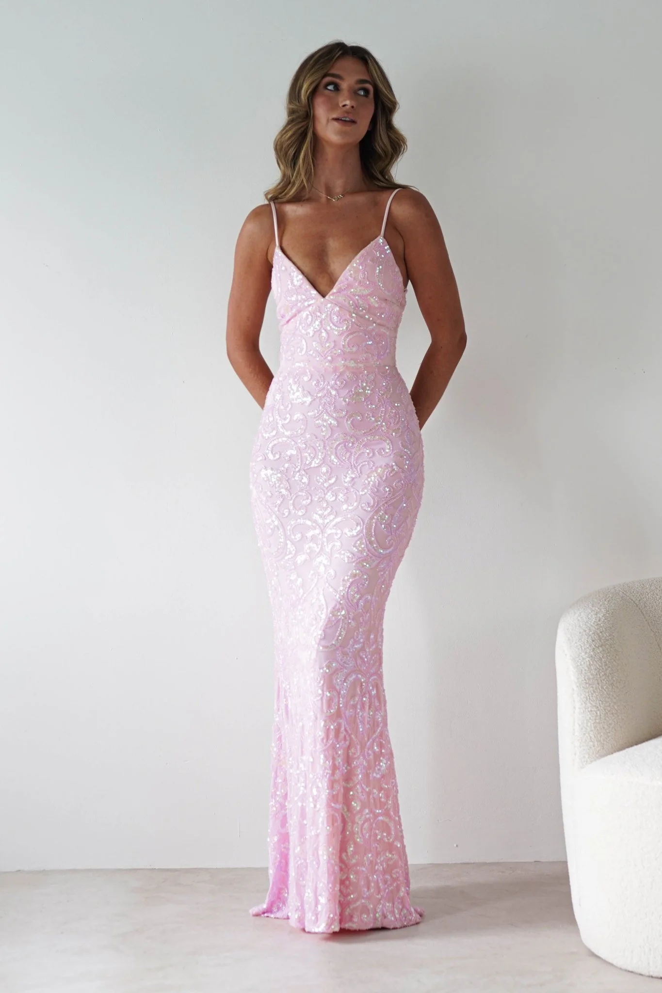 Aster Iridescent Beaded Embellished Gown | Pink - Image 7