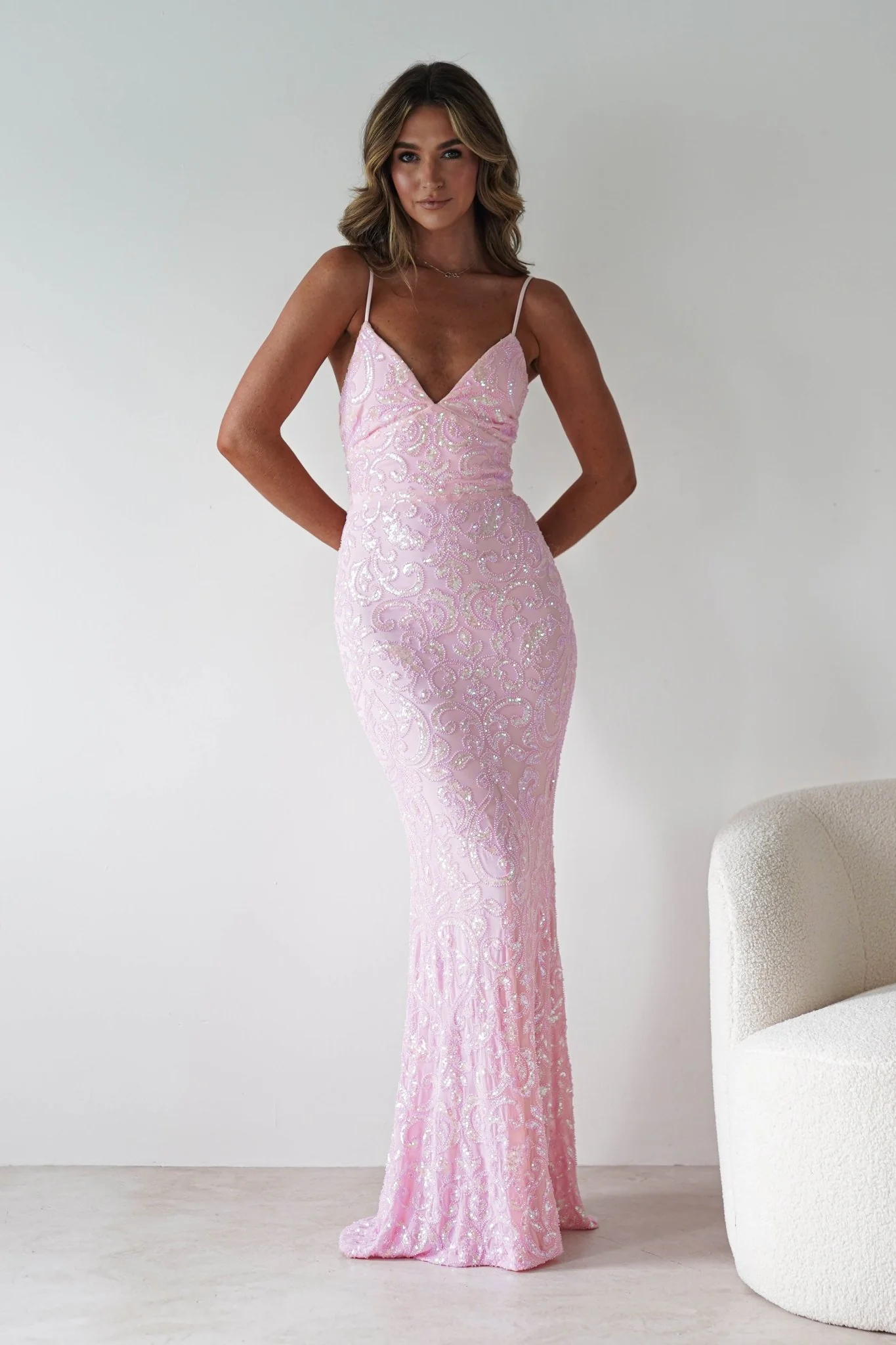 Aster Iridescent Beaded Embellished Gown | Pink - Image 8