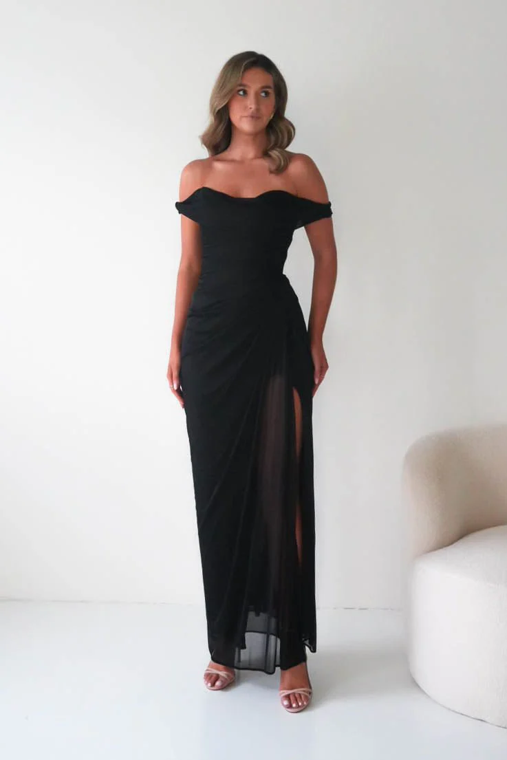Berkley Draped Mesh Corset Maxi Gown | Black - Image 11