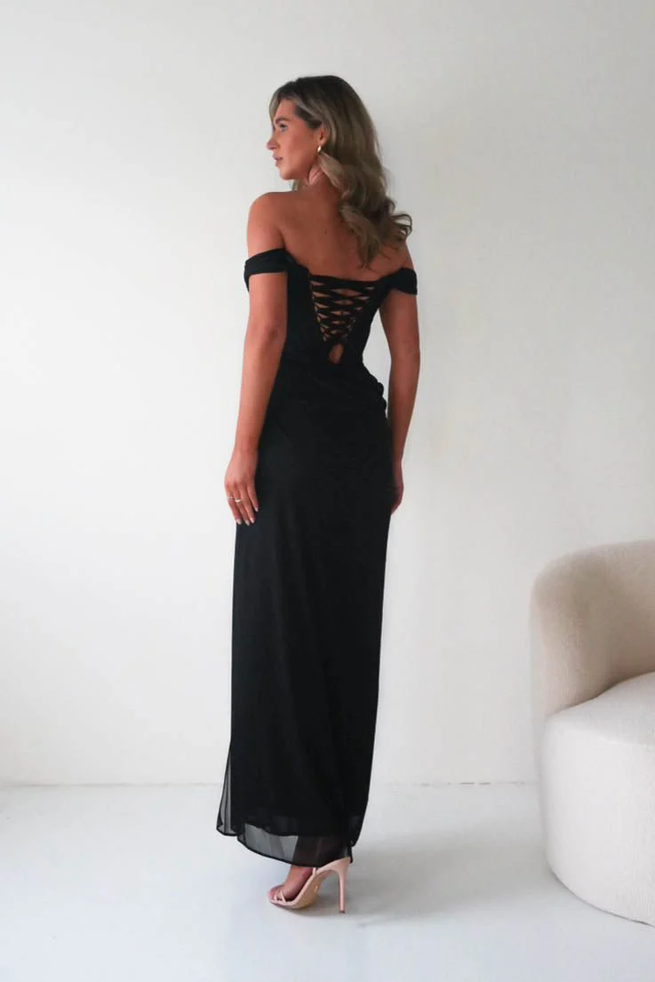 Berkley Draped Mesh Corset Maxi Gown | Black - Image 4