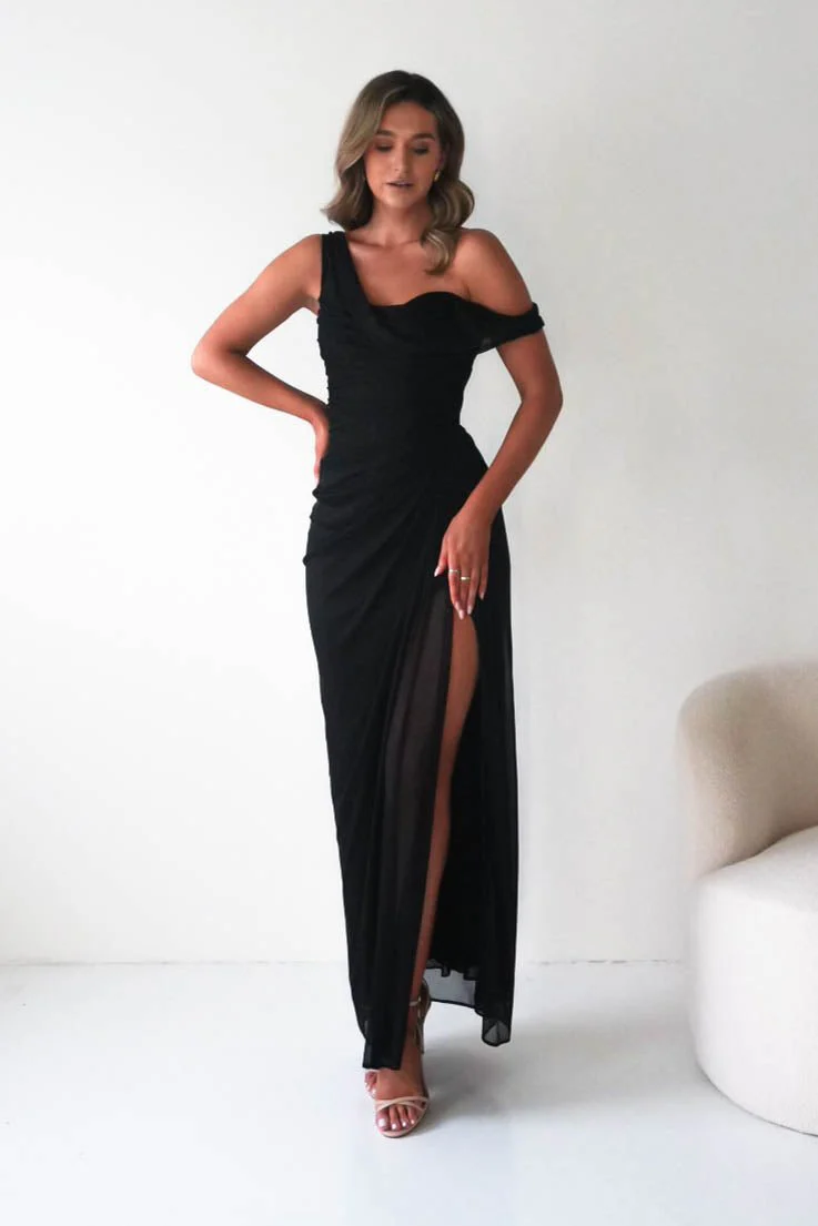 Berkley Draped Mesh Corset Maxi Gown | Black - Image 5