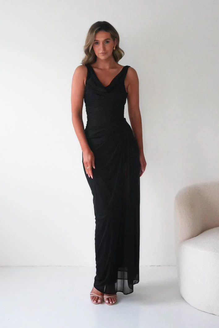 Berkley Draped Mesh Corset Maxi Gown | Black - Image 6