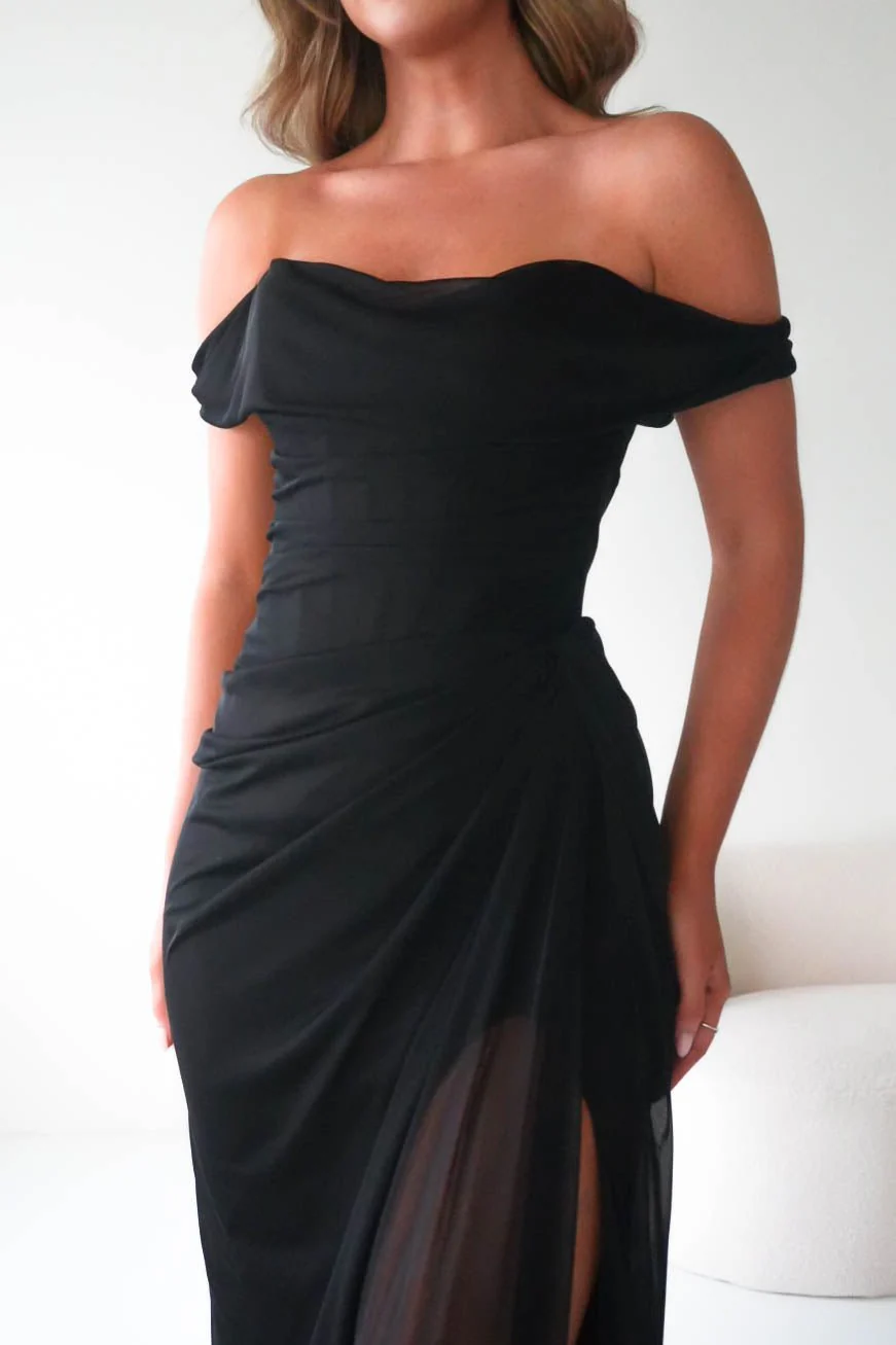 Berkley Draped Mesh Corset Maxi Gown | Black - Image 7