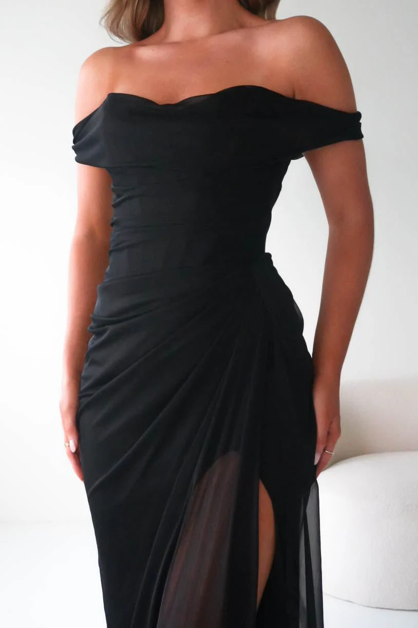 Berkley Draped Mesh Corset Maxi Gown | Black - Image 8