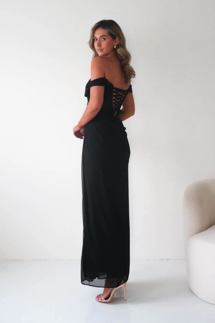 Berkley Draped Mesh Corset Maxi Gown | Black - Image 9