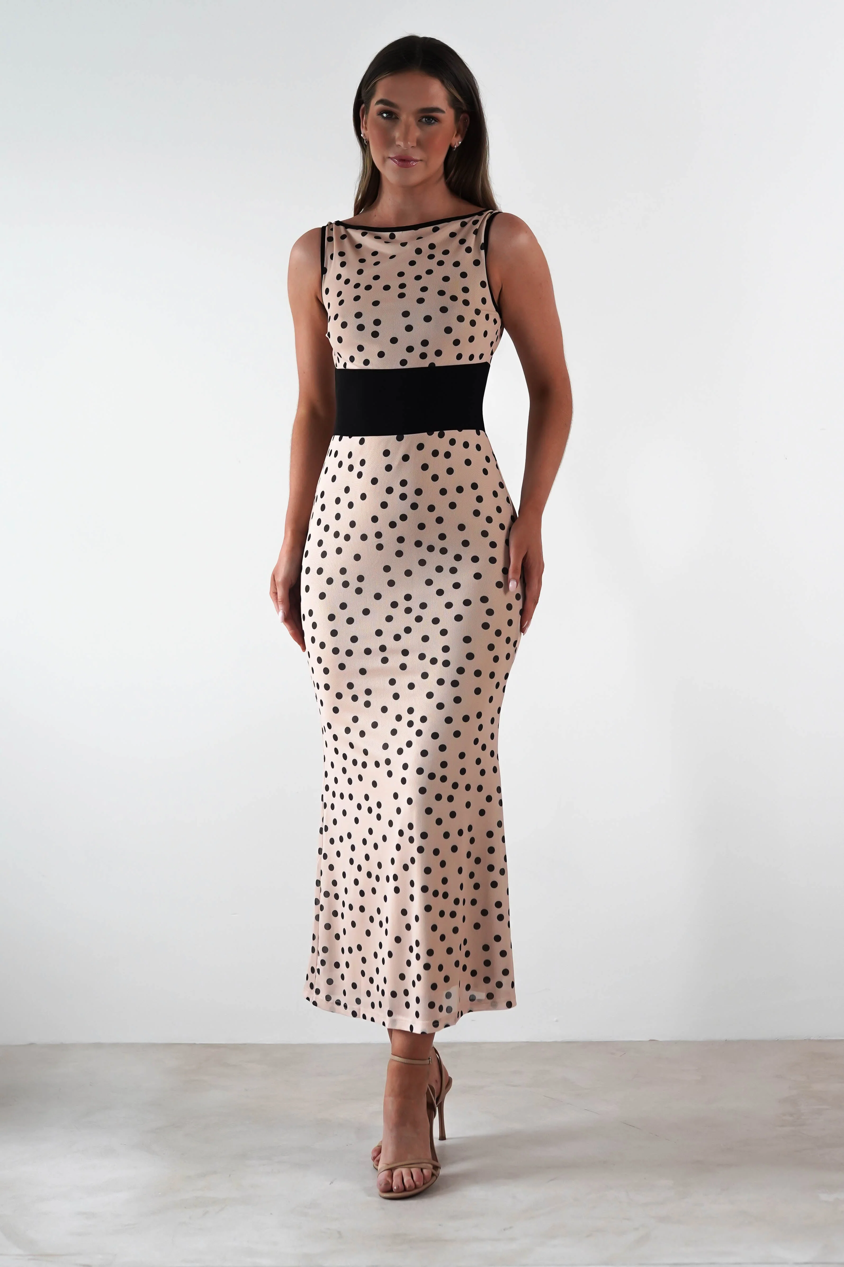 Bianca Polka Dot Mesh Maxi Dress | Beige - Image 4
