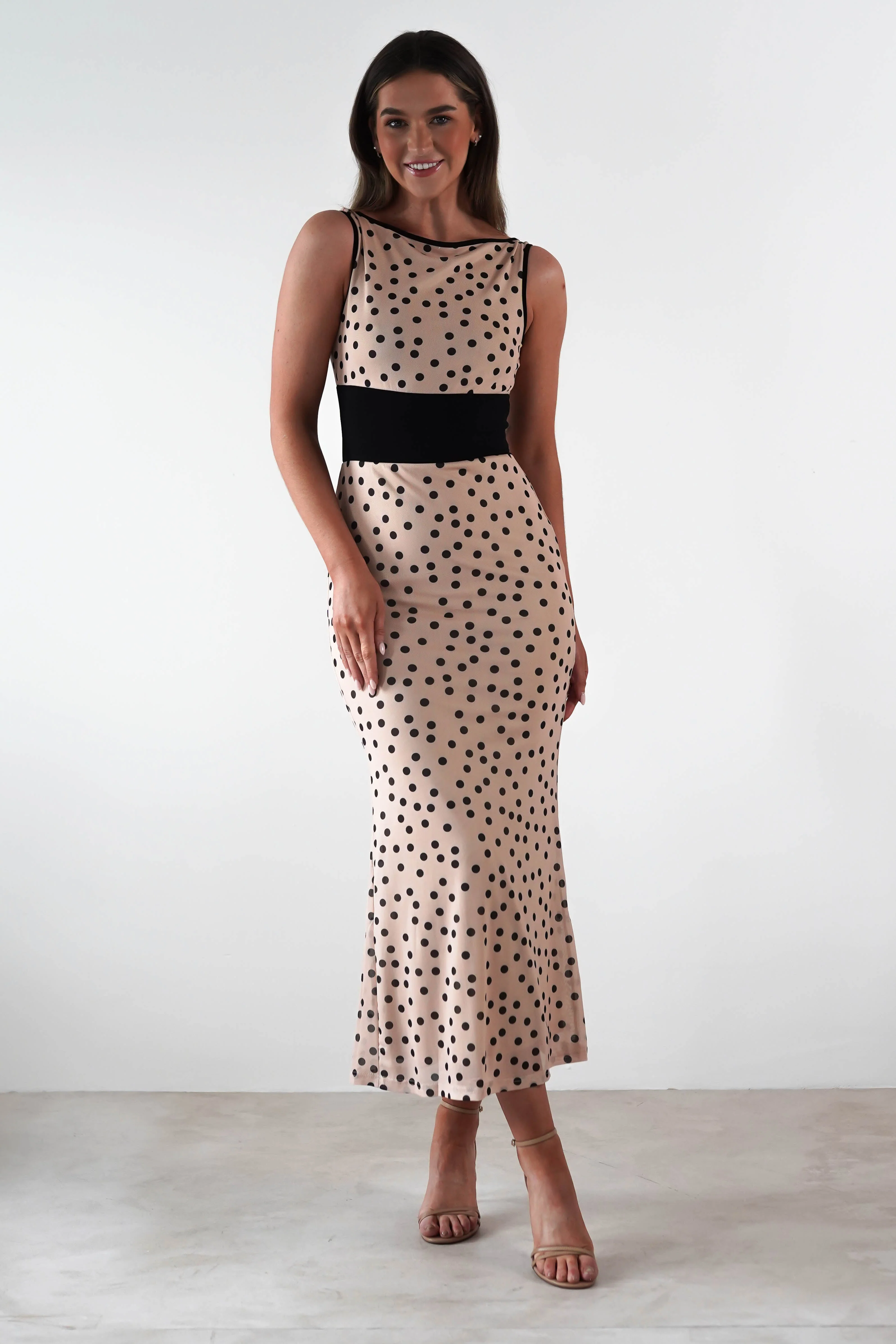 Bianca Polka Dot Mesh Maxi Dress | Beige - Image 5