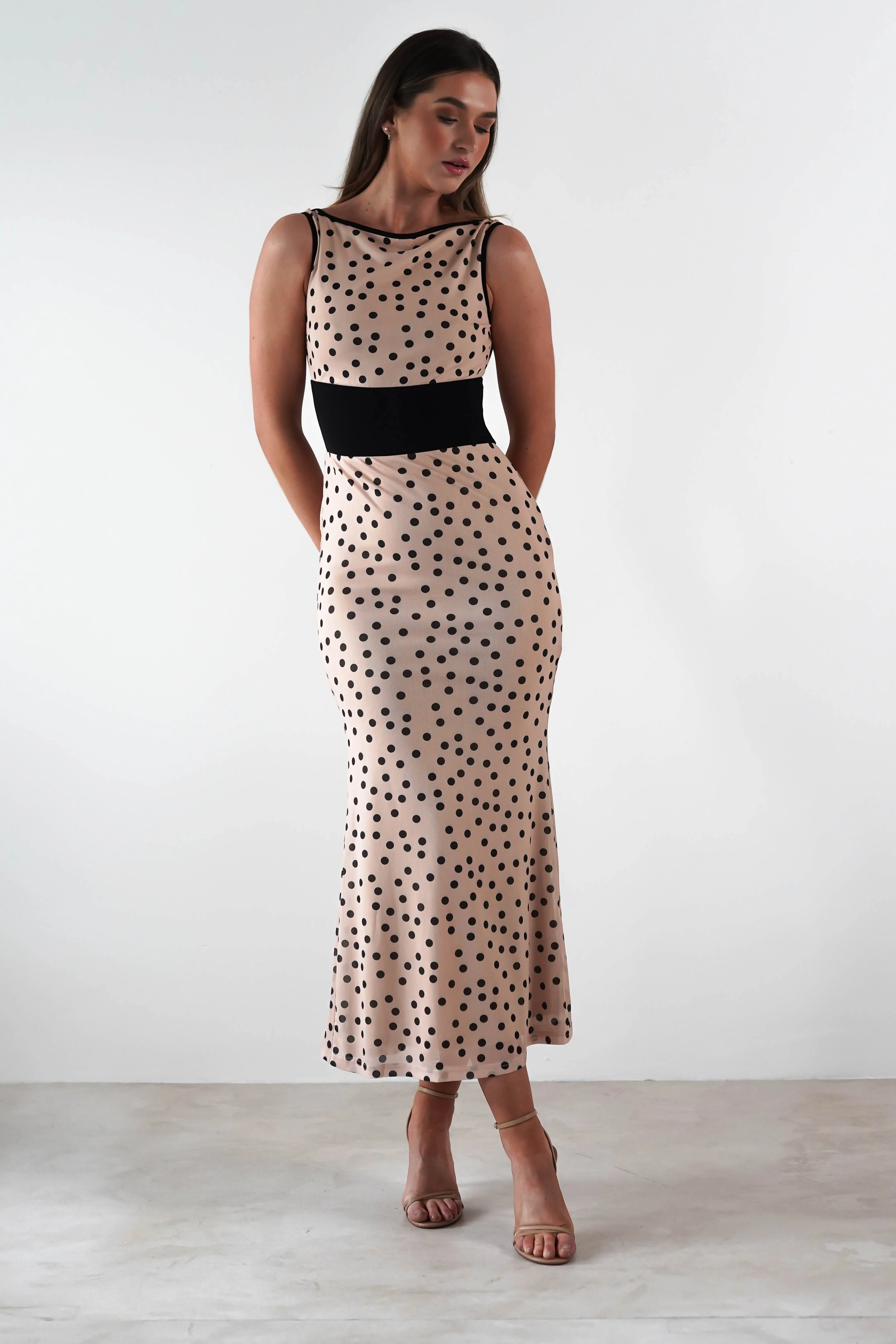 Bianca Polka Dot Mesh Maxi Dress | Beige - Image 7