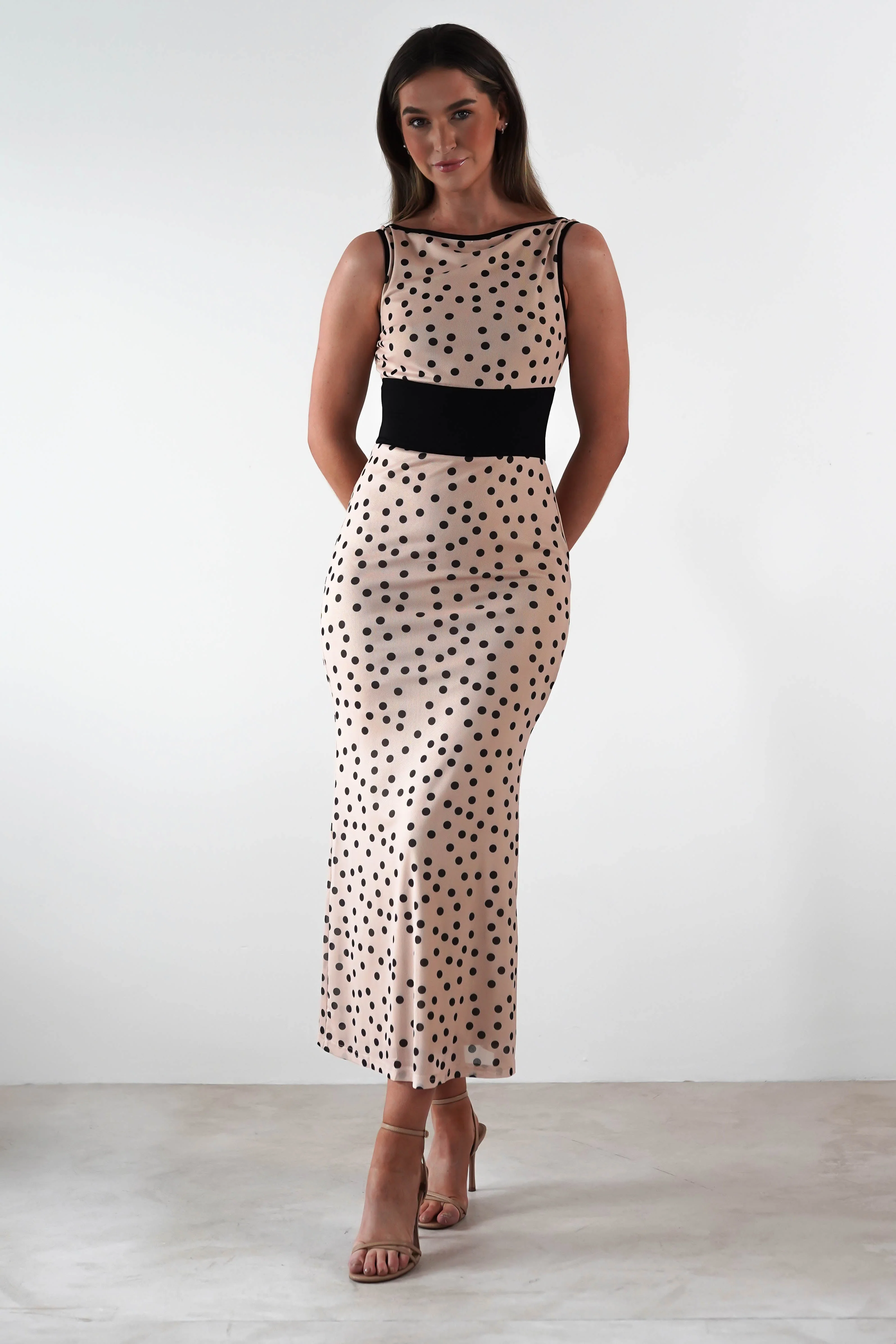 Bianca Polka Dot Mesh Maxi Dress | Beige - Image 8