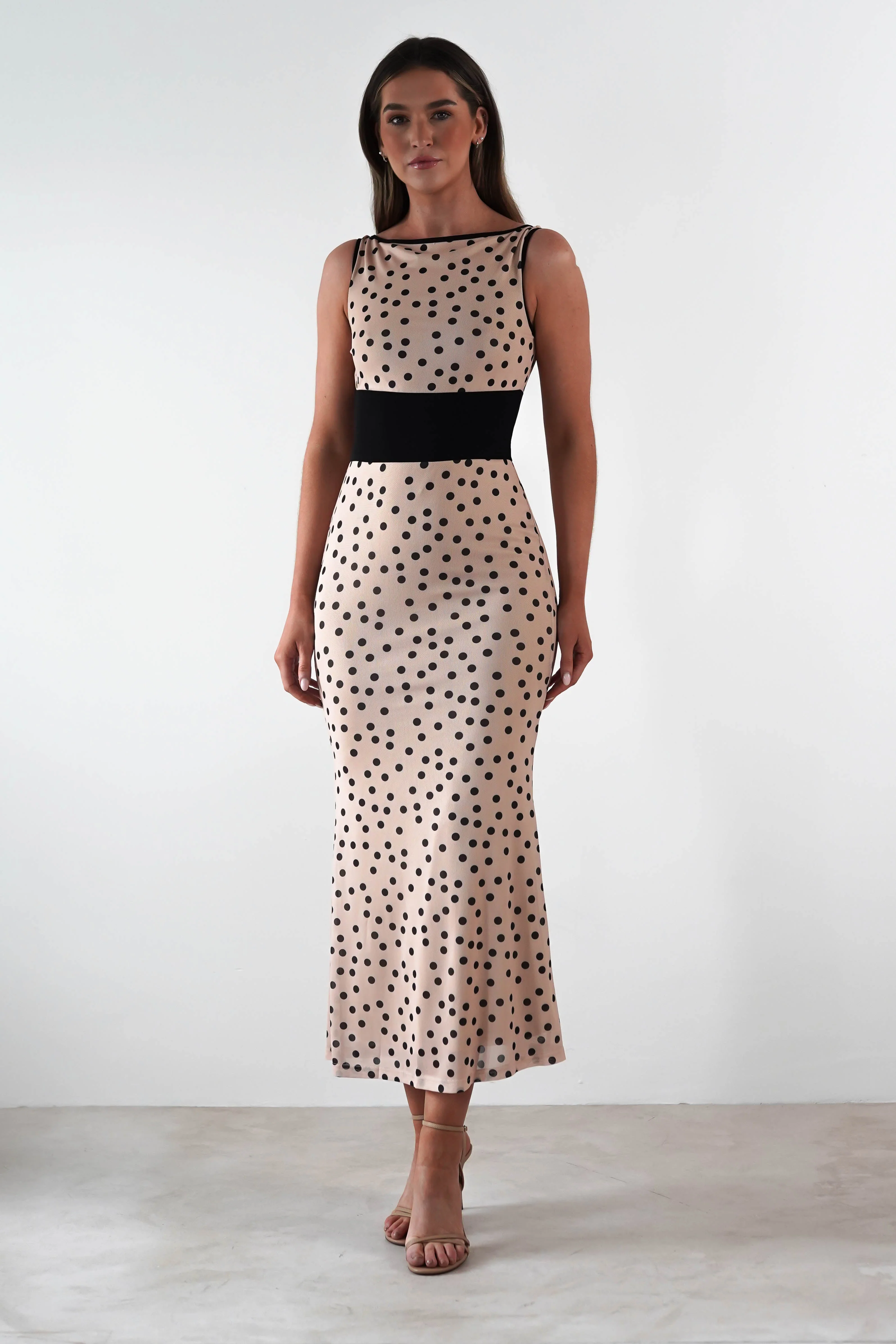 Bianca Polka Dot Mesh Maxi Dress | Beige - Image 9