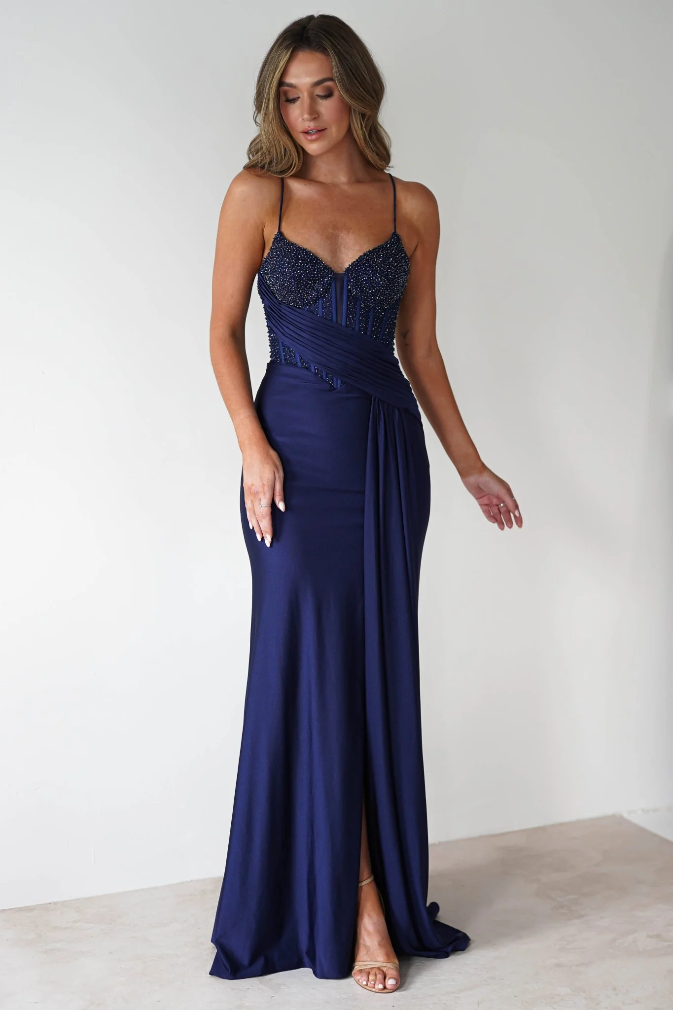 Breanna Draped Embellished Gown | Navy - Image 5