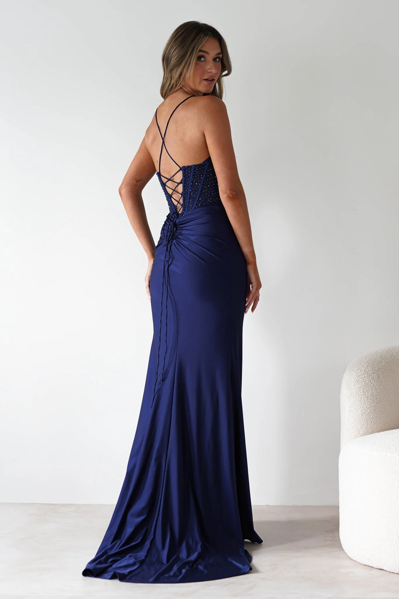 Breanna Draped Embellished Gown | Navy - Image 9