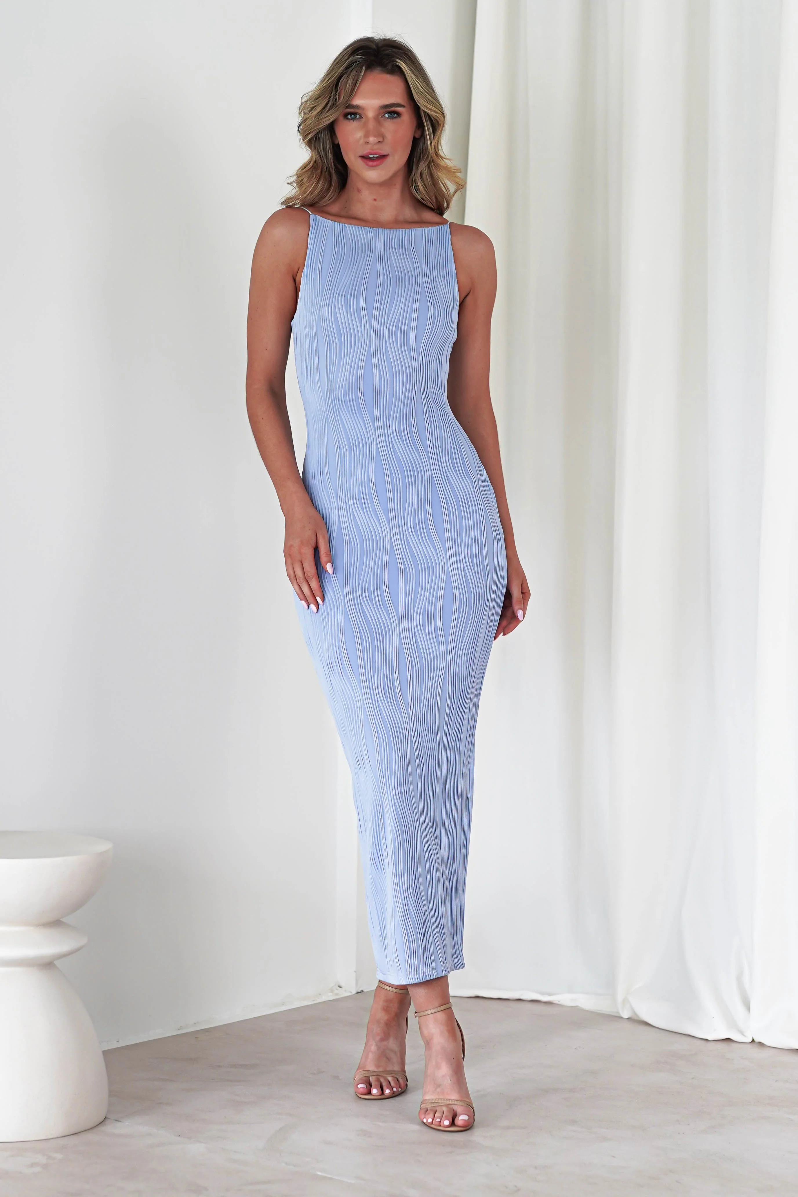 Brighton Textured Bodycon Midaxi Dress | Blue - Image 3