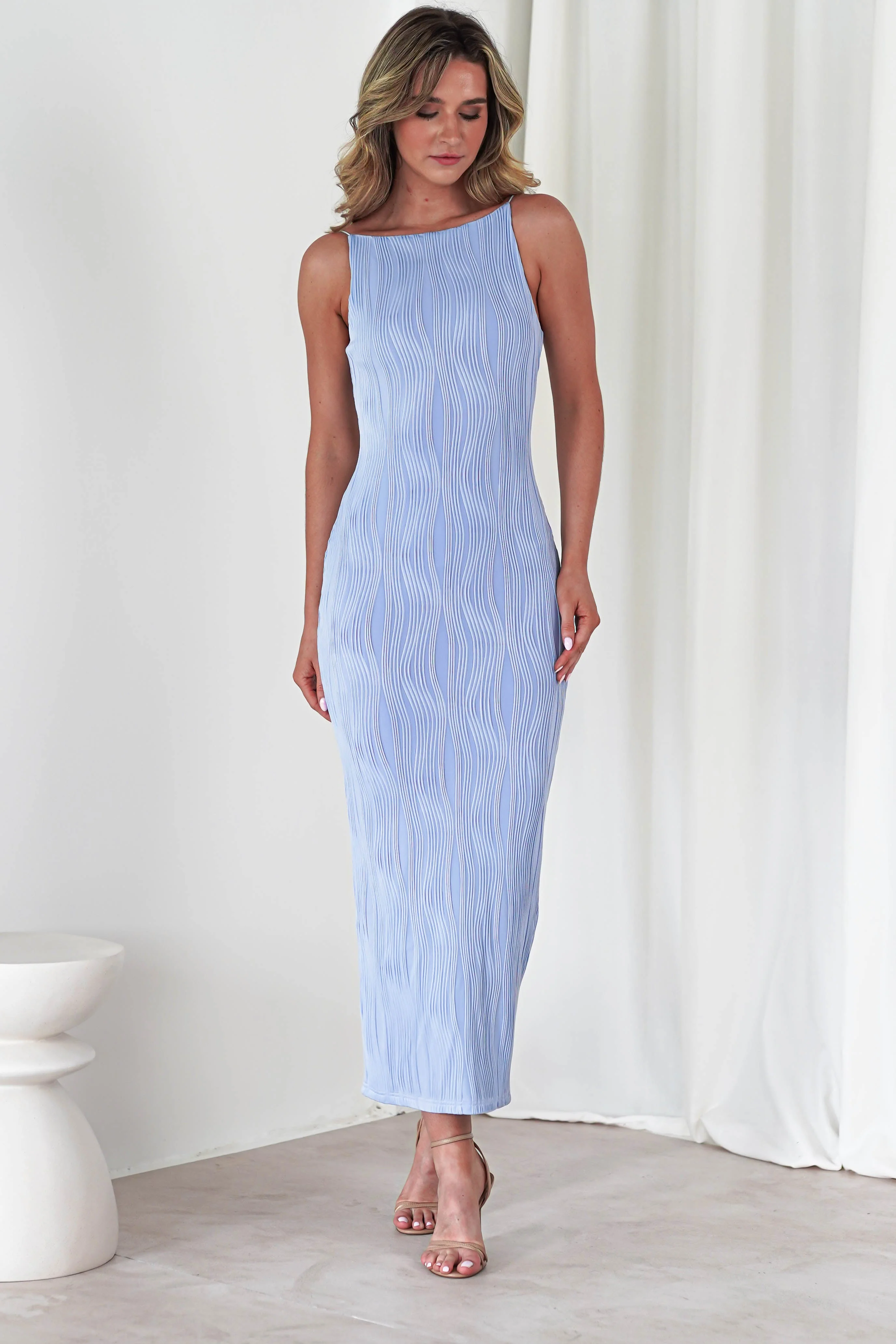 Brighton Textured Bodycon Midaxi Dress | Blue - Image 5