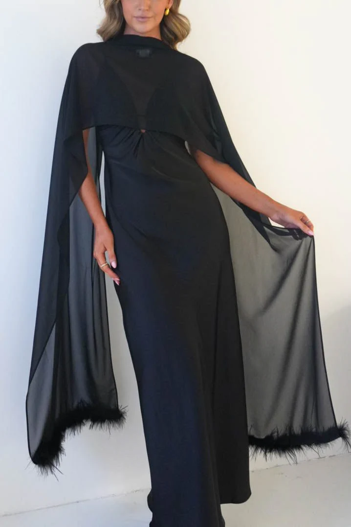 Chelle Chiffon Wrap Shawl With Feather Trim | Black - Image 3