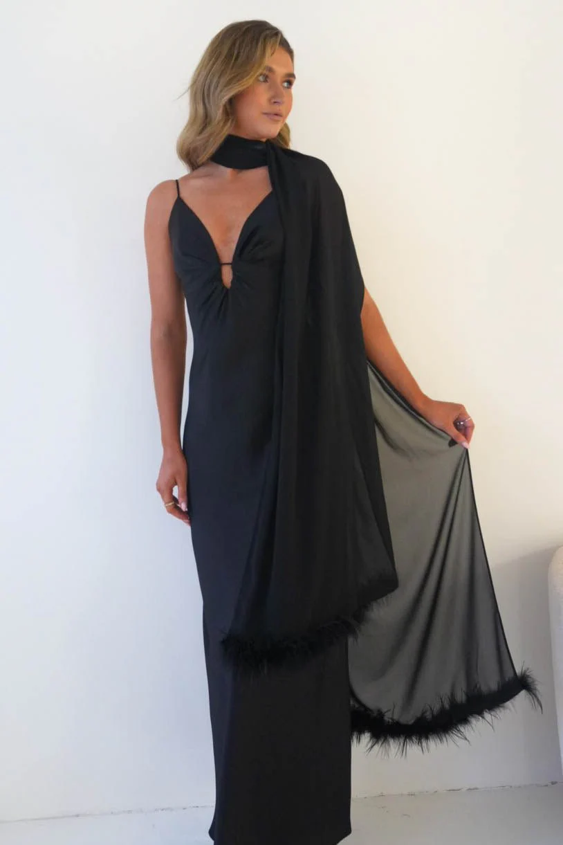 Chelle Chiffon Wrap Shawl With Feather Trim | Black - Image 4