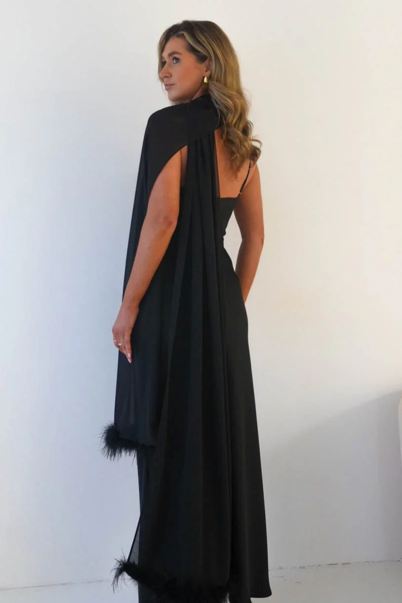 Chelle Chiffon Wrap Shawl With Feather Trim | Black - Image 5