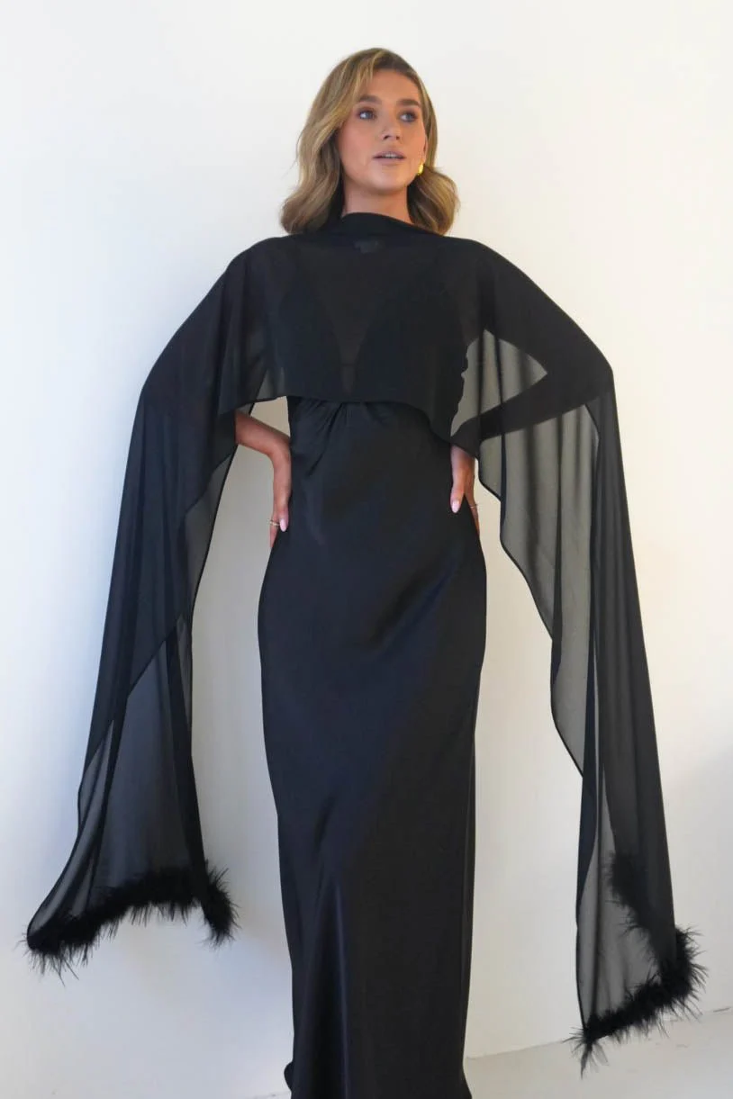 Chelle Chiffon Wrap Shawl With Feather Trim | Black - Image 6