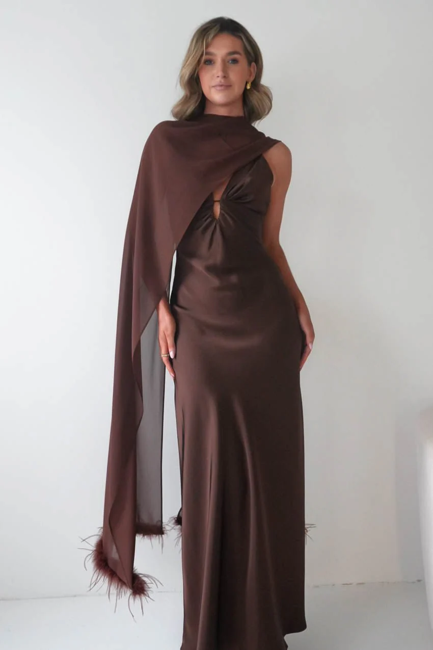 Chelle Chiffon Wrap Shawl With Feather Trim | Brown - Image 3