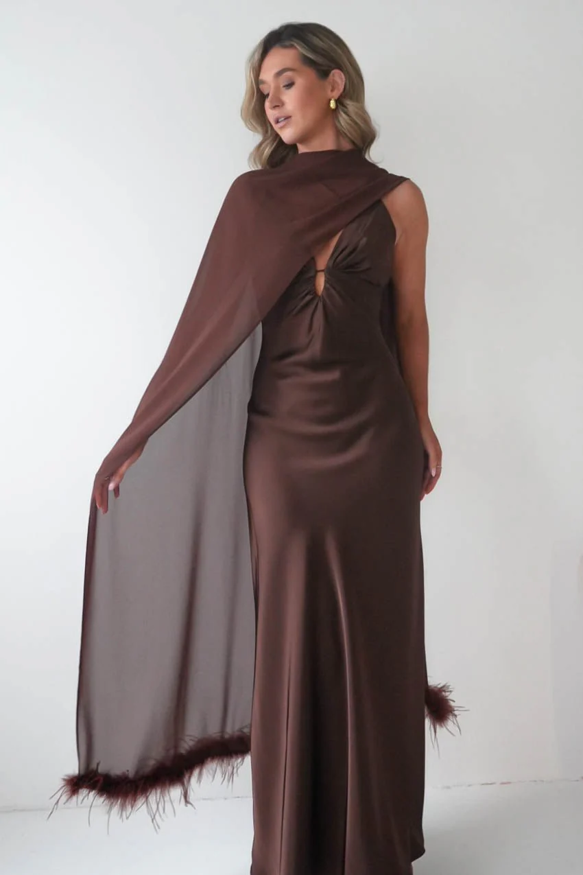 Chelle Chiffon Wrap Shawl With Feather Trim | Brown - Image 4