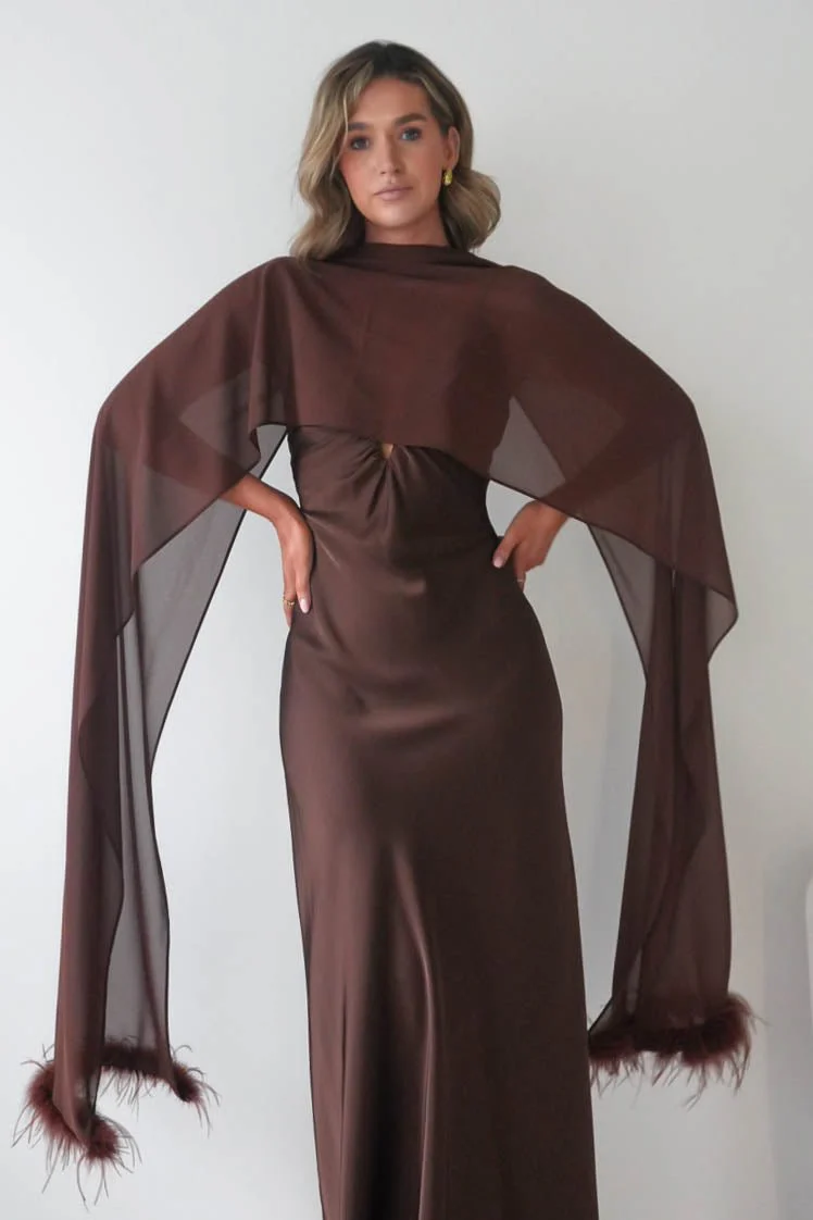 Chelle Chiffon Wrap Shawl With Feather Trim | Brown - Image 5