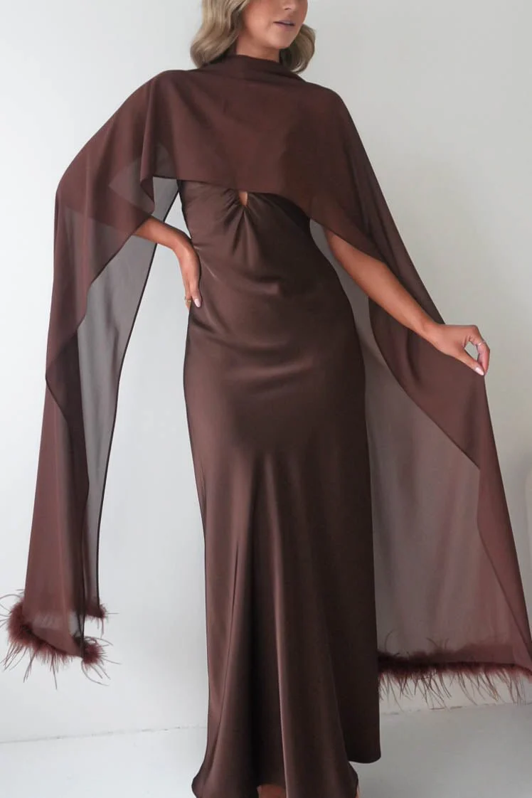 Chelle Chiffon Wrap Shawl With Feather Trim | Brown - Image 6