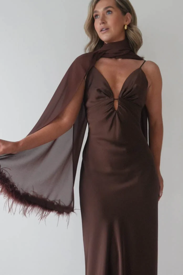 Chelle Chiffon Wrap Shawl With Feather Trim | Brown - Image 7