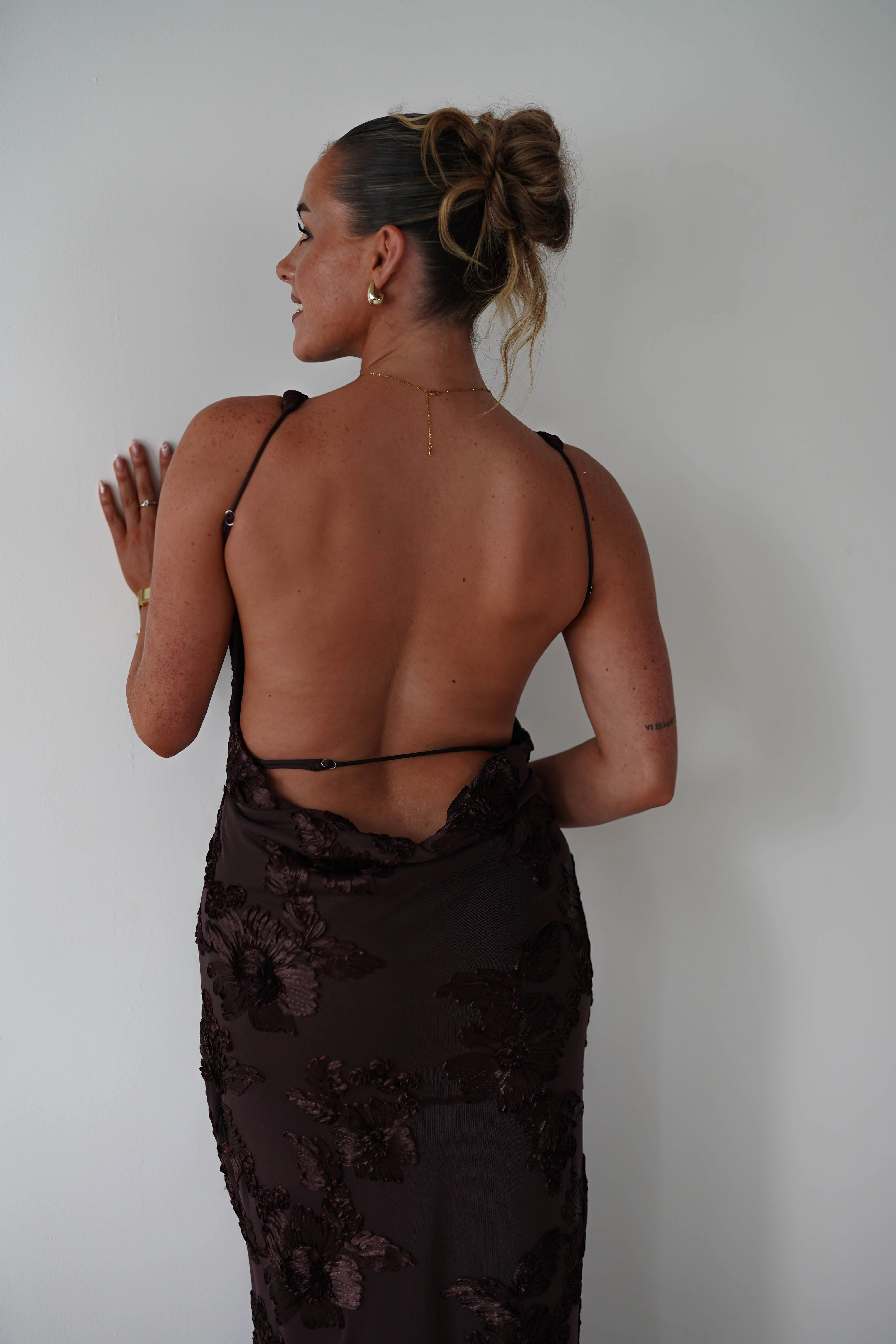 Demi Floral Textured Maxi Dress | Brown - Image 4