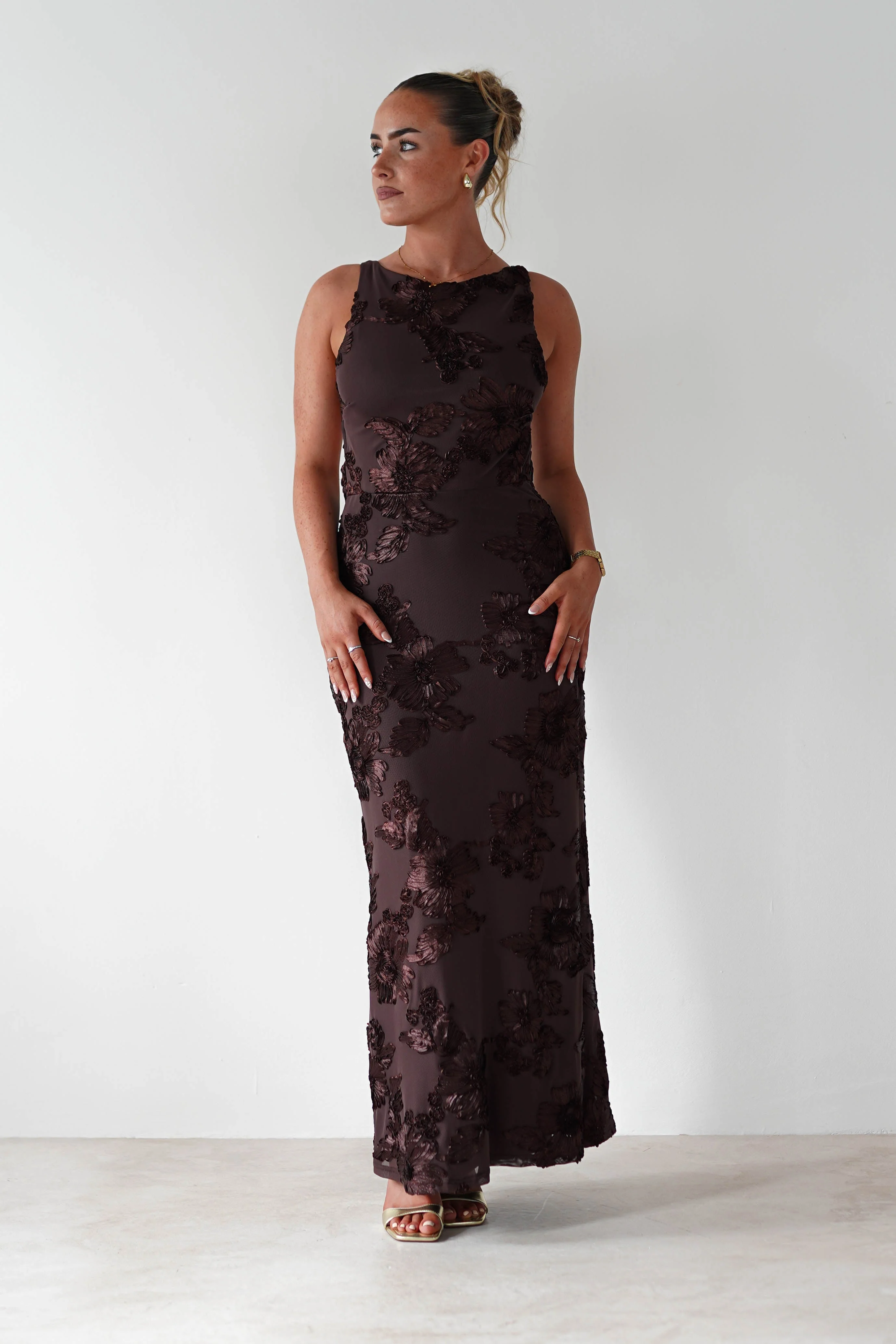 Demi Floral Textured Maxi Dress | Brown - Image 5