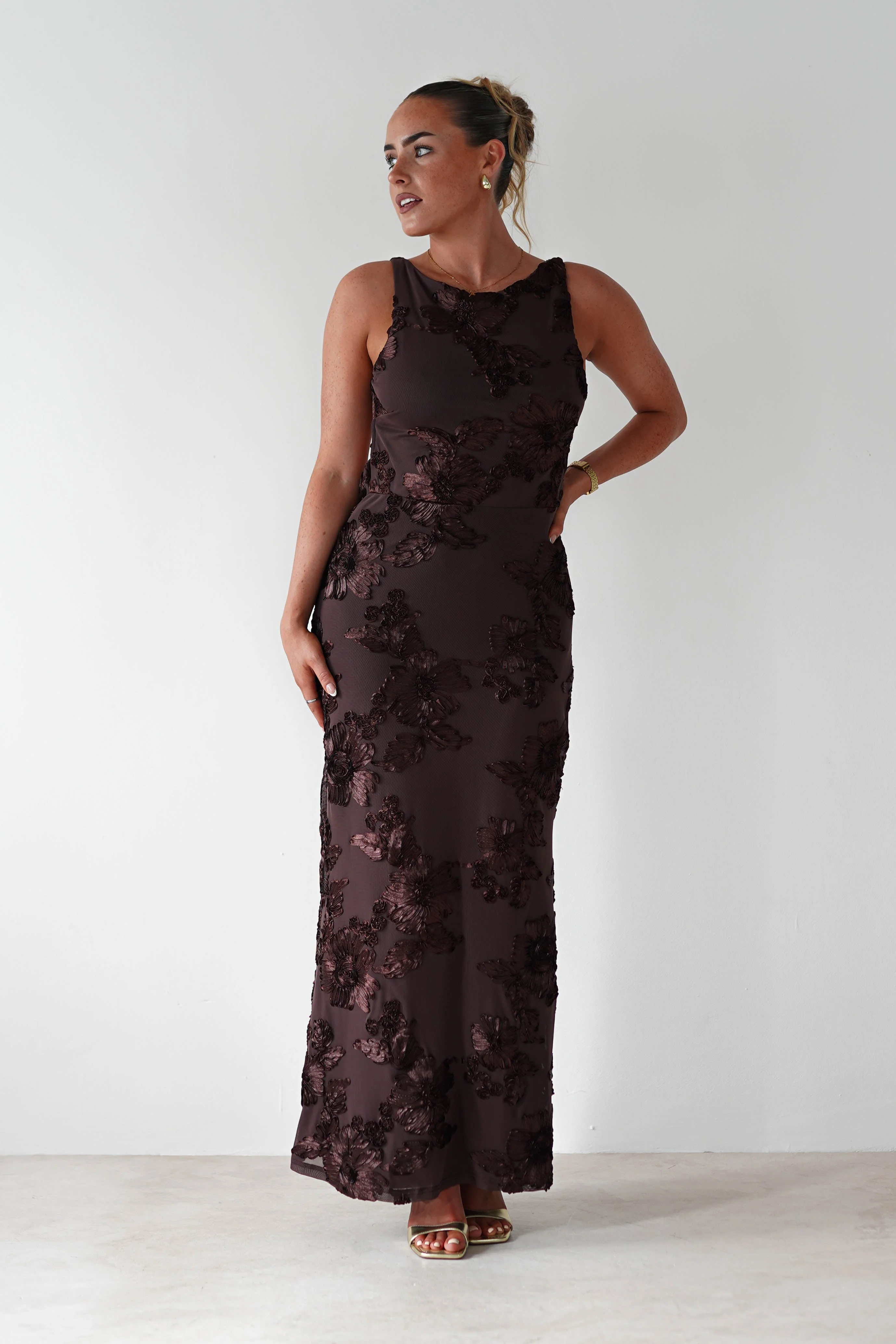 Demi Floral Textured Maxi Dress | Brown - Image 6
