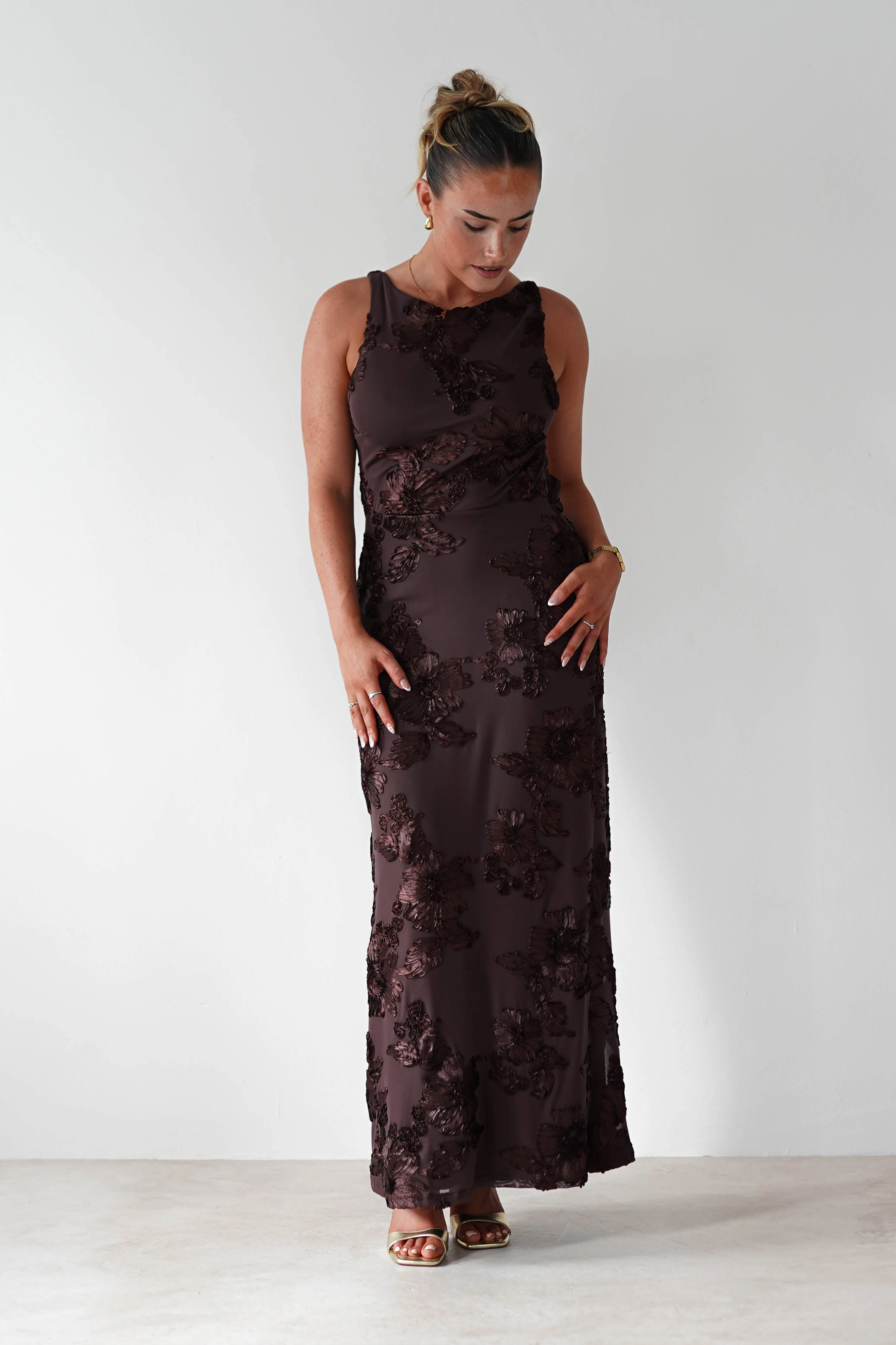 Demi Floral Textured Maxi Dress | Brown - Image 7