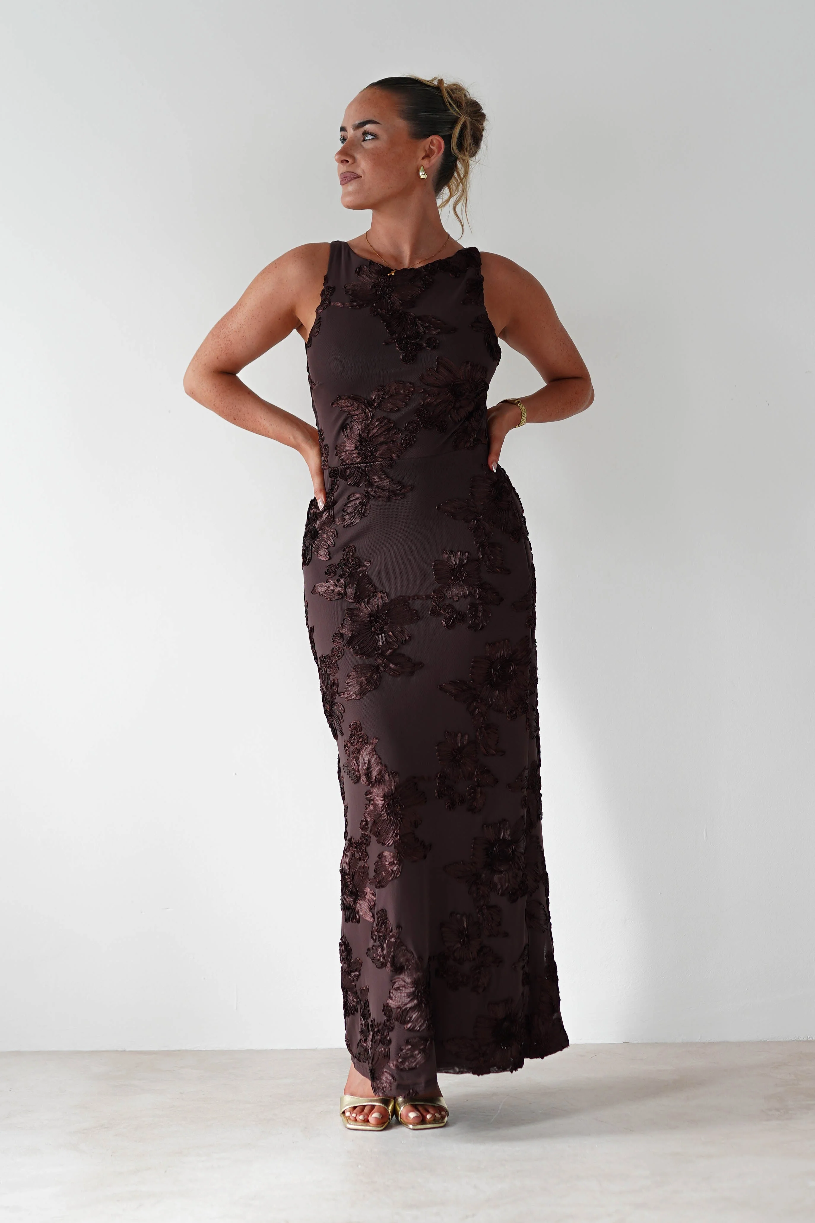 Demi Floral Textured Maxi Dress | Brown - Image 8