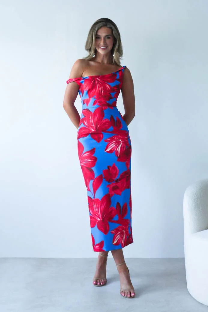 Elliot Floral Print Midi Dress | Blue/Red - Image 3