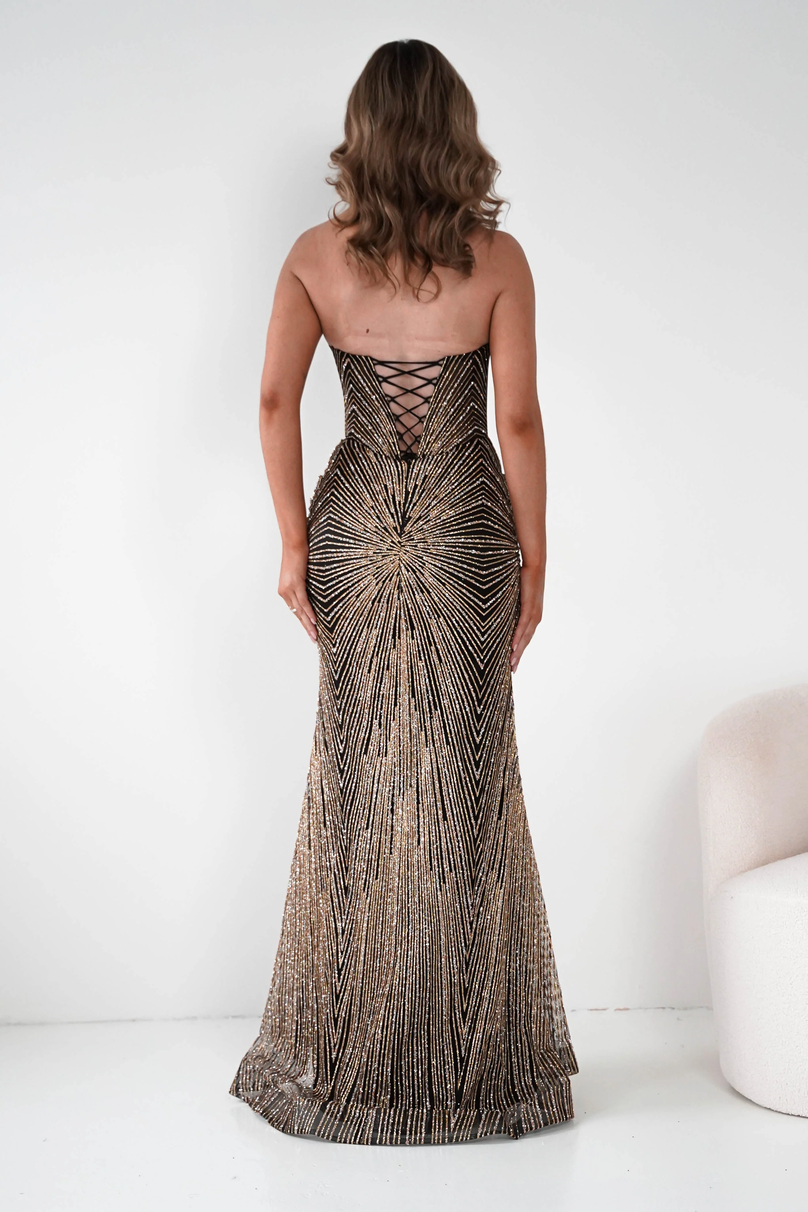 Elyse Glitter Strapless Gown | Black/Gold - Image 6