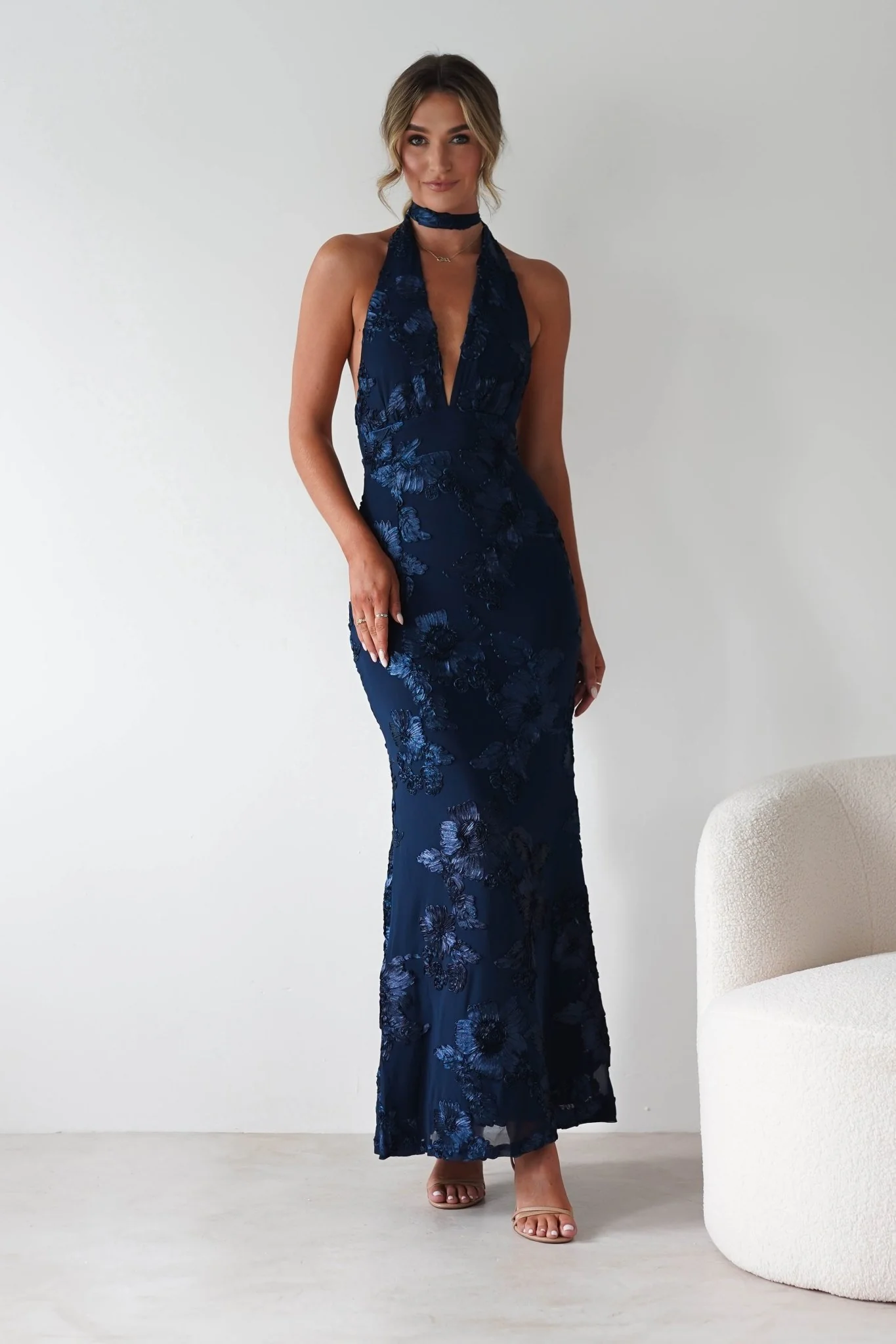 Halsey Tie Back Maxi Dress | Navy Textured - Image 8