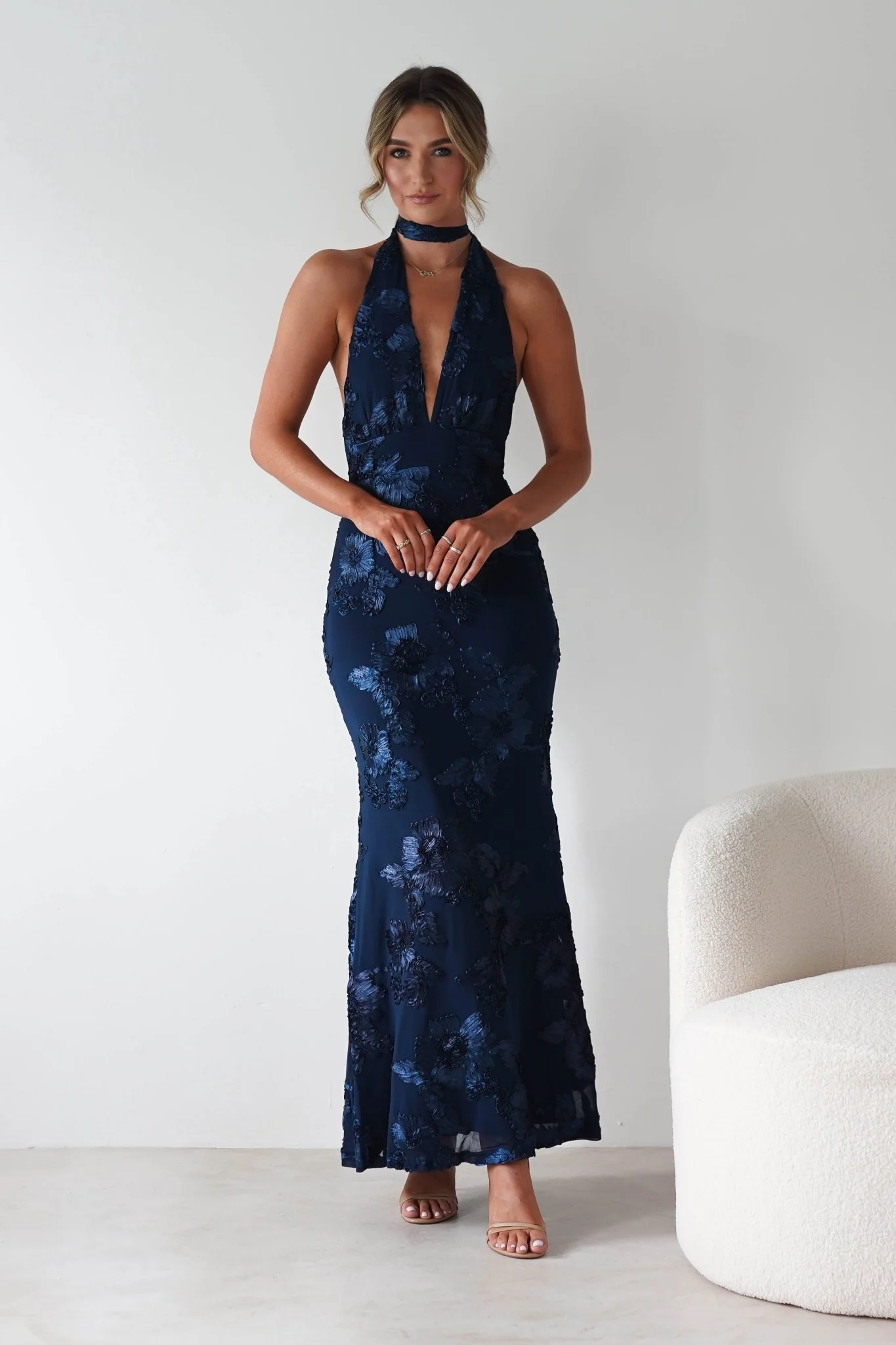 Halsey Tie Back Maxi Dress | Navy Textured - Image 9