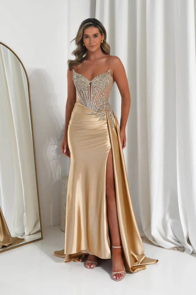 Hazelle Crystal Embellished Corset Gown | Gold - Image 10