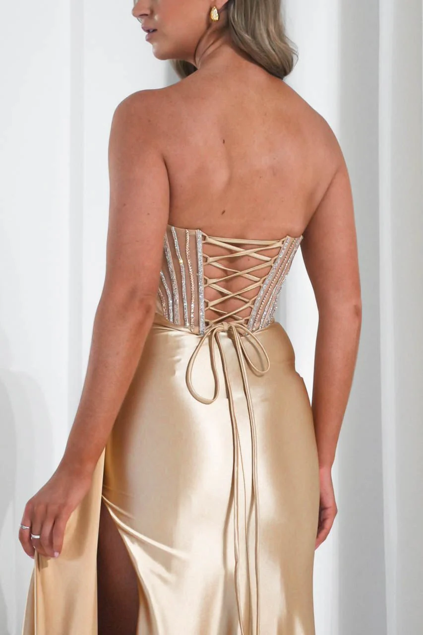 Hazelle Crystal Embellished Corset Gown | Gold - Image 5