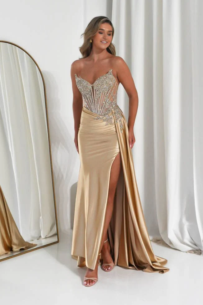Hazelle Crystal Embellished Corset Gown | Gold - Image 7