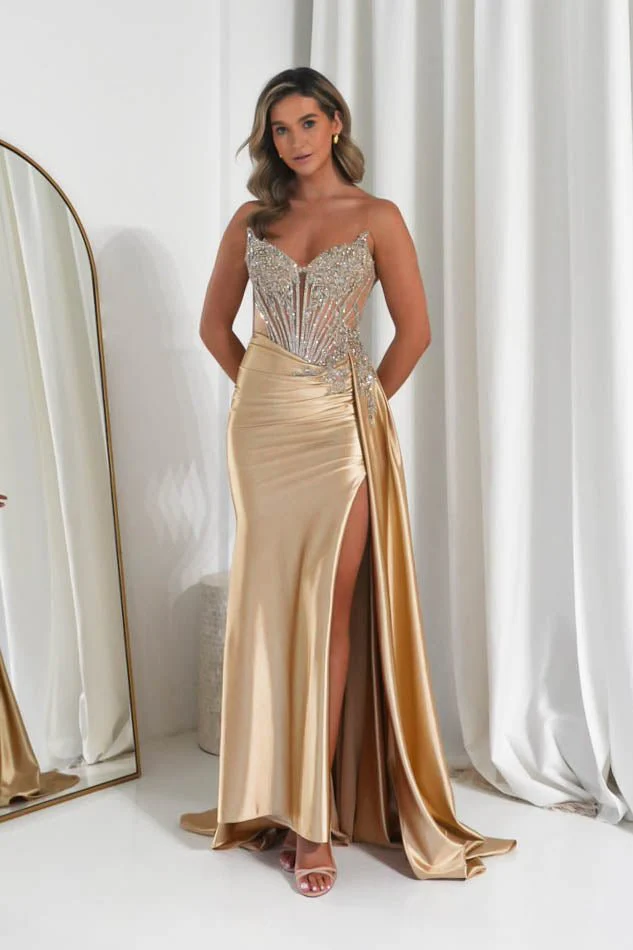 Hazelle Crystal Embellished Corset Gown | Gold - Image 8