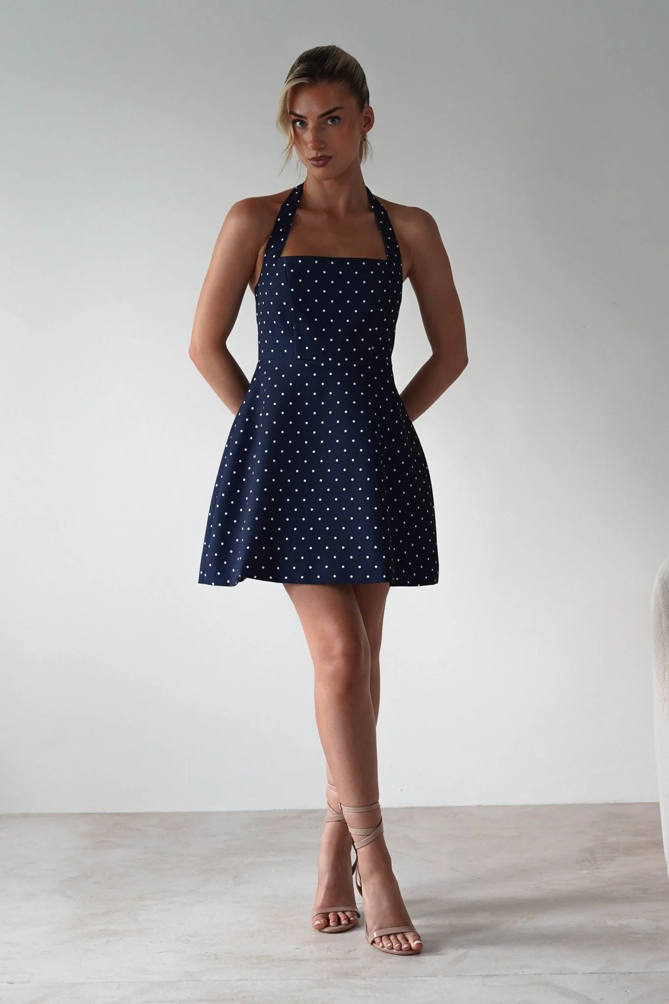 Isobel Polka Dot Halterneck Mini Dress | Navy - Image 3
