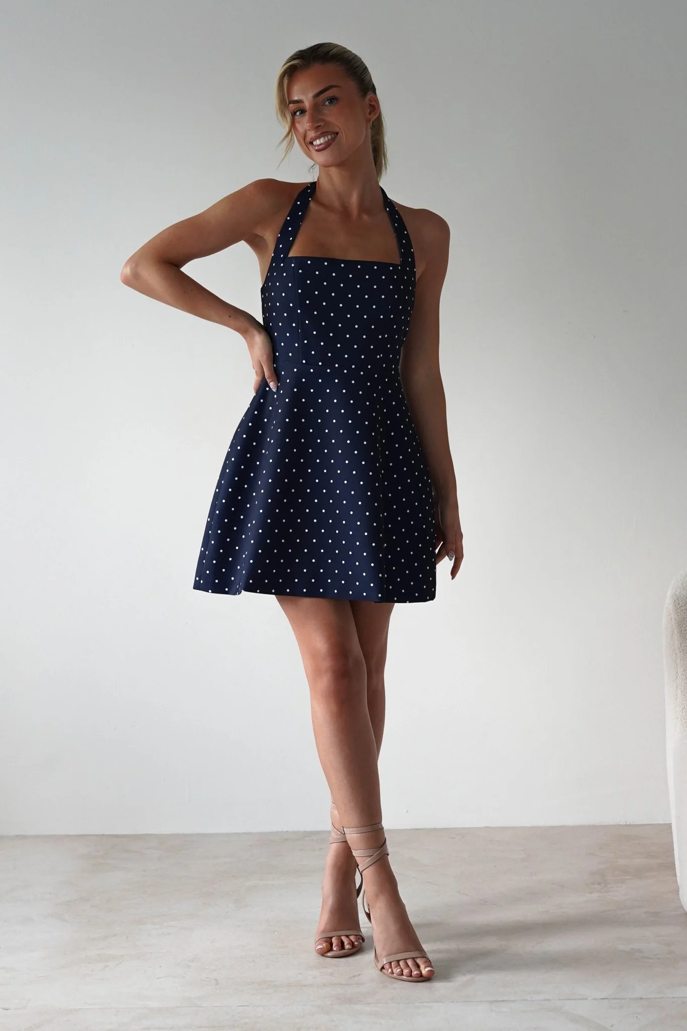 Isobel Polka Dot Halterneck Mini Dress | Navy - Image 4