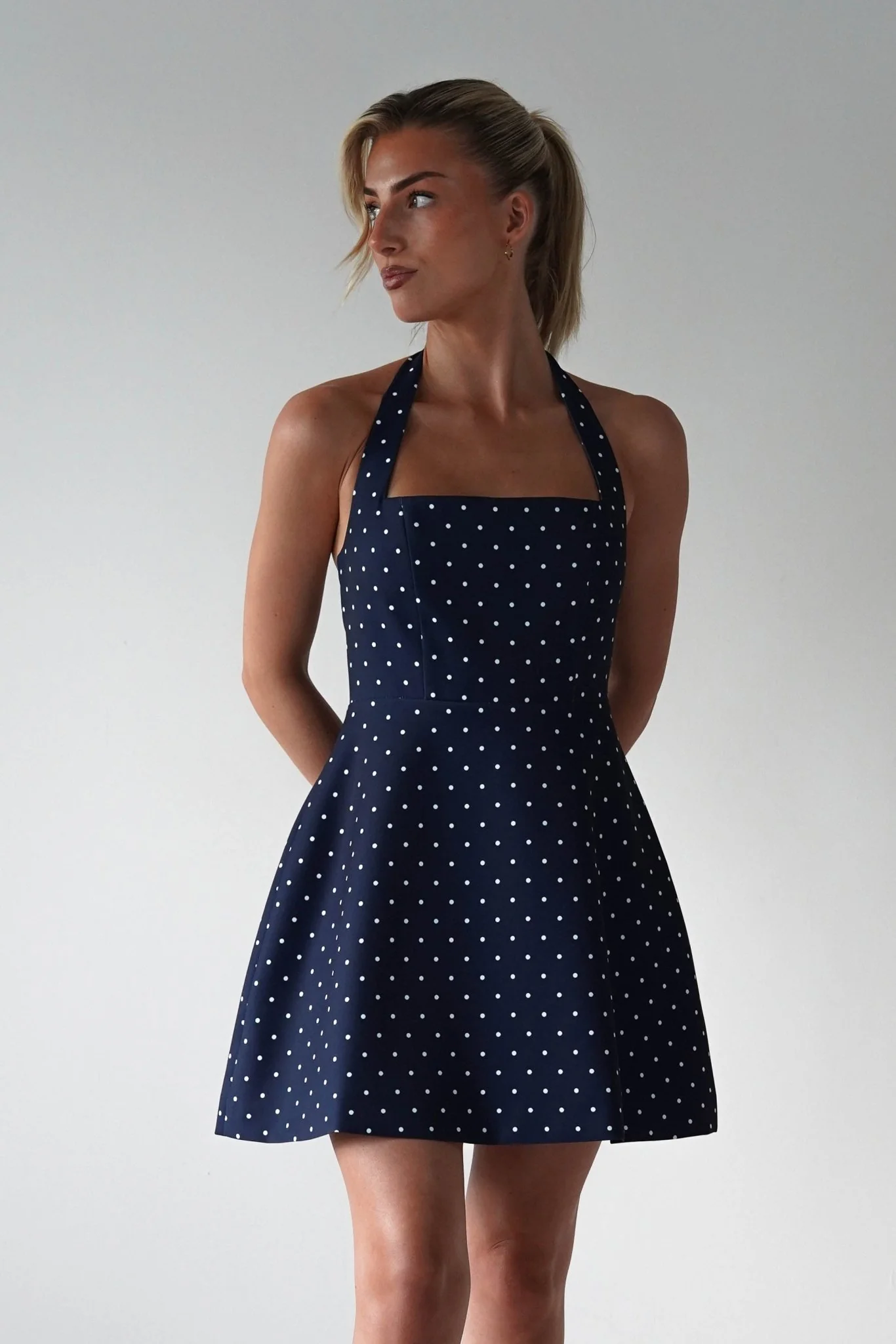 Isobel Polka Dot Halterneck Mini Dress | Navy - Image 5